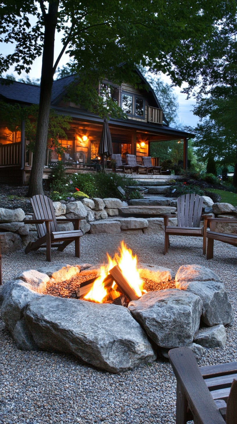 A cozy outdoor fire pit area with wooden chairs, surrounded by large boulders and gravel, set next to a rustic log cabin in a serene natural setting.