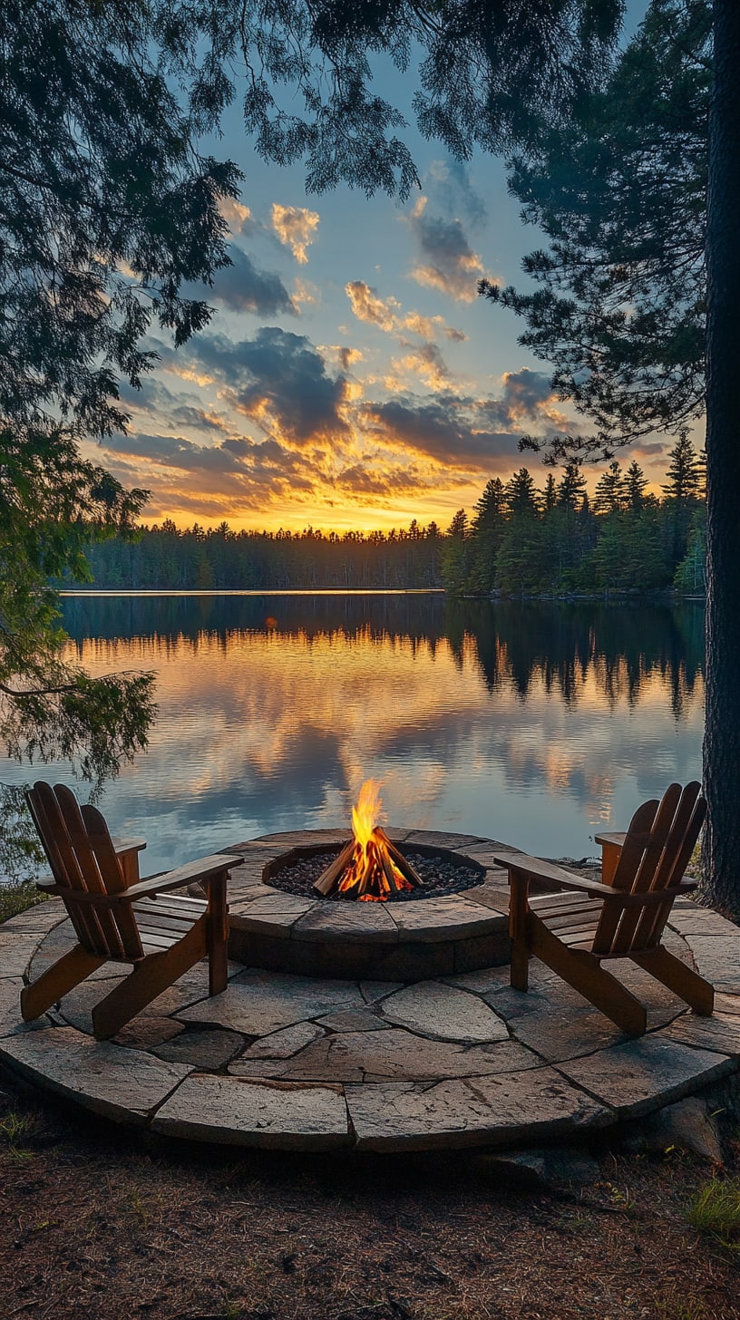 A serene lakeside scene featuring a fire pit with two wooden chairs beside it, framed by sunset colors reflecting on the calm water and surrounded by tall pine trees.