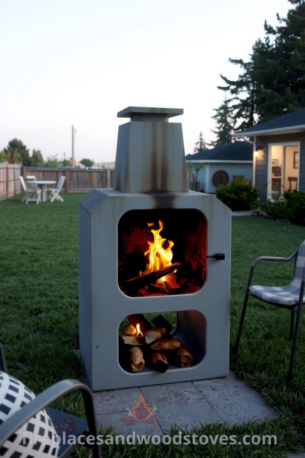 Modern concrete outdoor barbecue in a spacious backyard with warm wood fire glow, lush green grass, and mismatched patio chairs, creating a cozy gathering space for friends, featuring inspiring decor ideas and unique ideas for your home from fireplacesandwoodstoves.com.