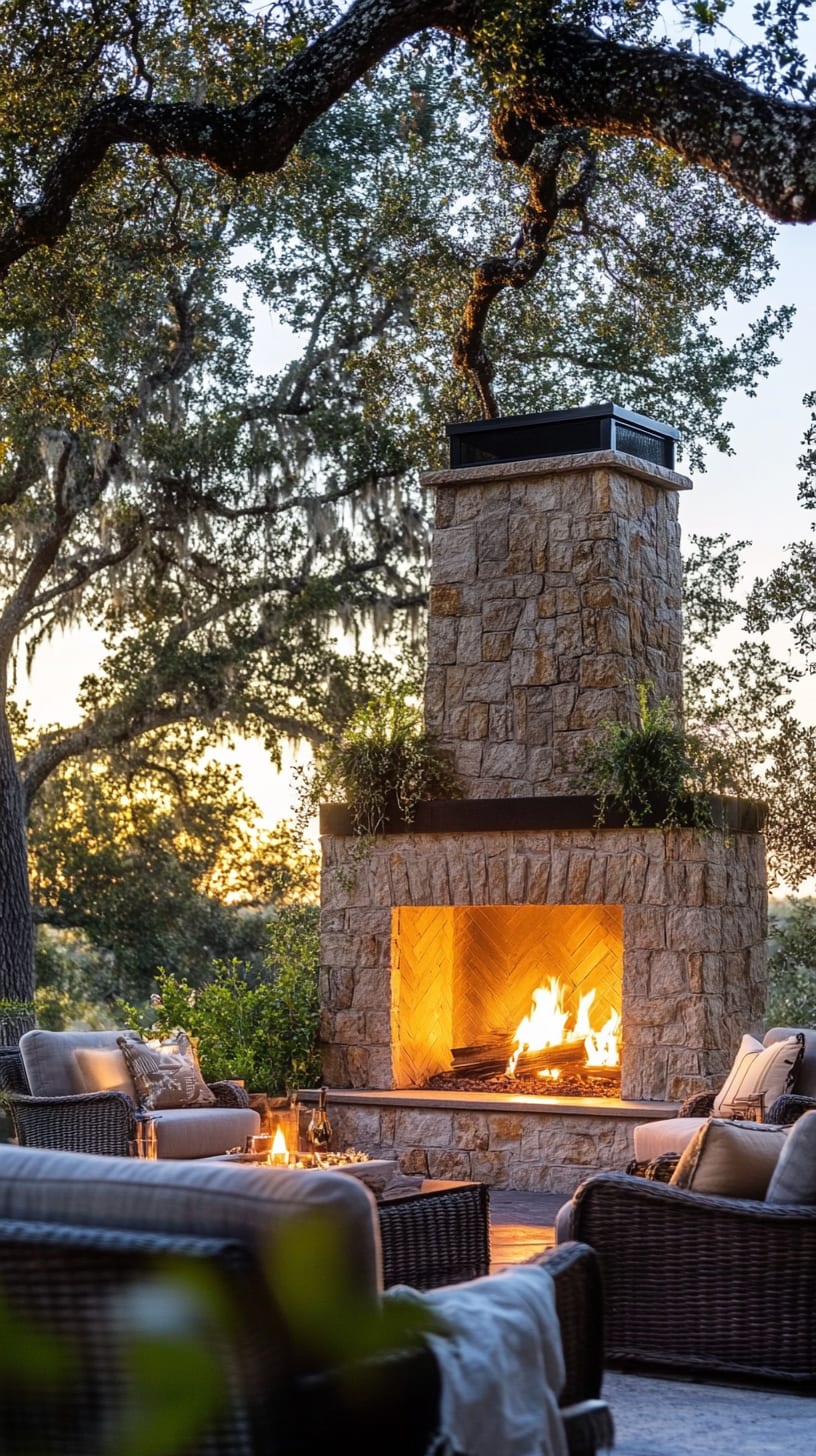 A rustic stone outdoor fireplace with comfortable seating, surrounded by oak trees during sunset, creating an inviting atmosphere for gatherings.