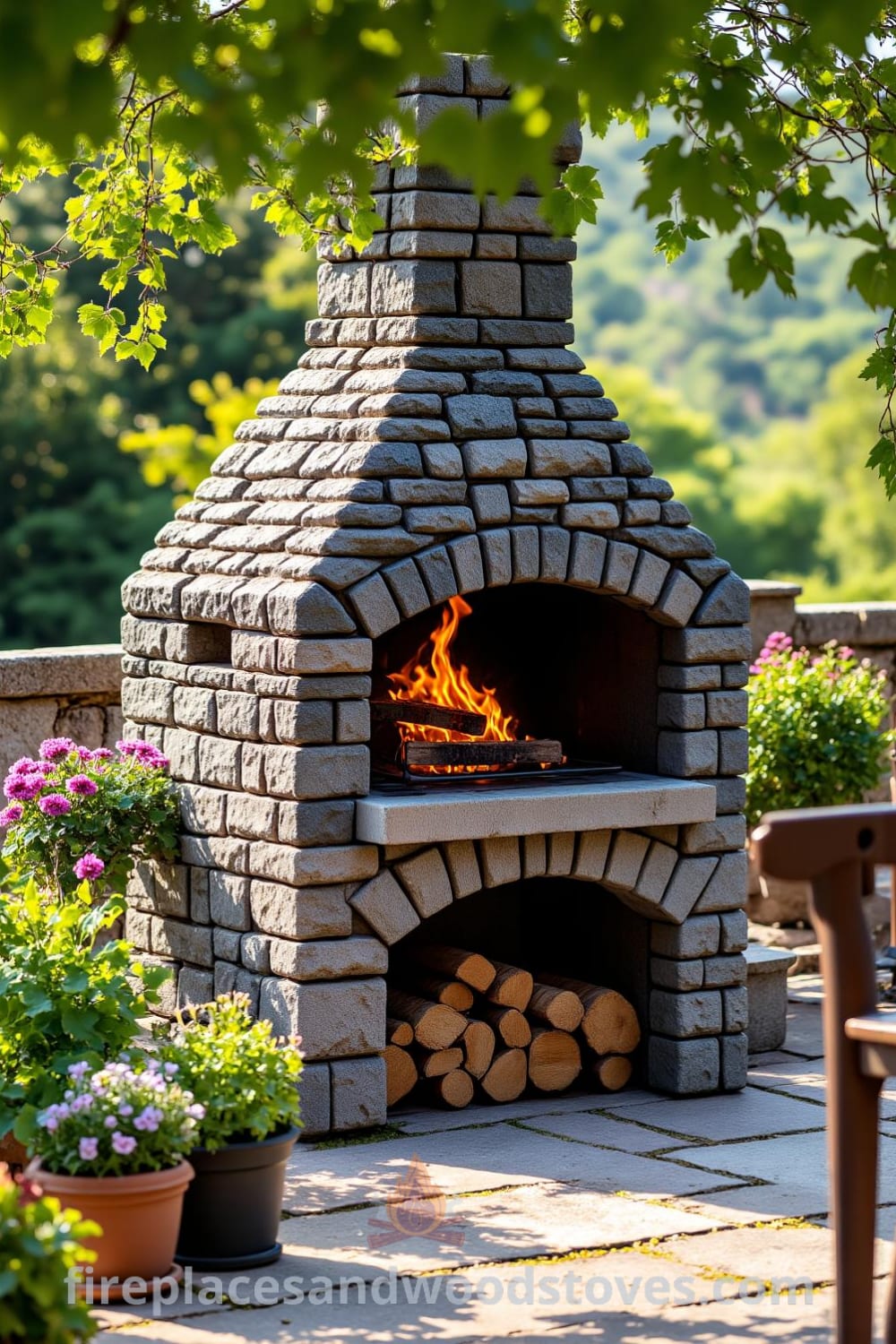 Rustic stone outdoor barbecue in a sun-drenched garden corner, surrounded by wildflowers and lush greenery, featuring flickering flames, mismatched chairs, and traces of soot that add to its charm, creating cozy inspirations for outdoor gatherings at fireplacesandwoodstoves.com.