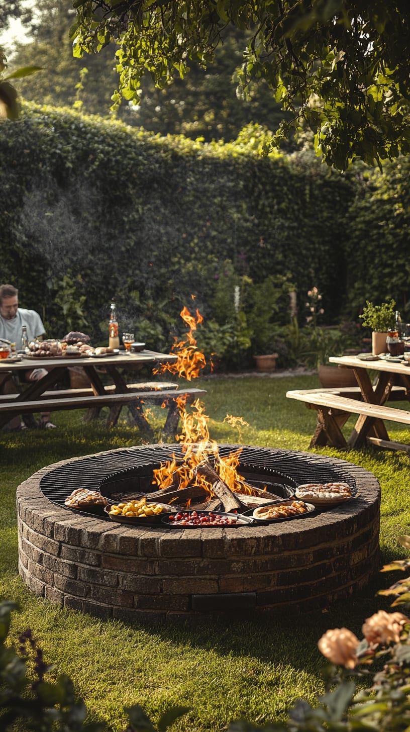 A vibrant outdoor scene featuring a round fire pit with flames, surrounded by picnic tables and people enjoying barbecue meat and drinks in a sunny garden setting.
