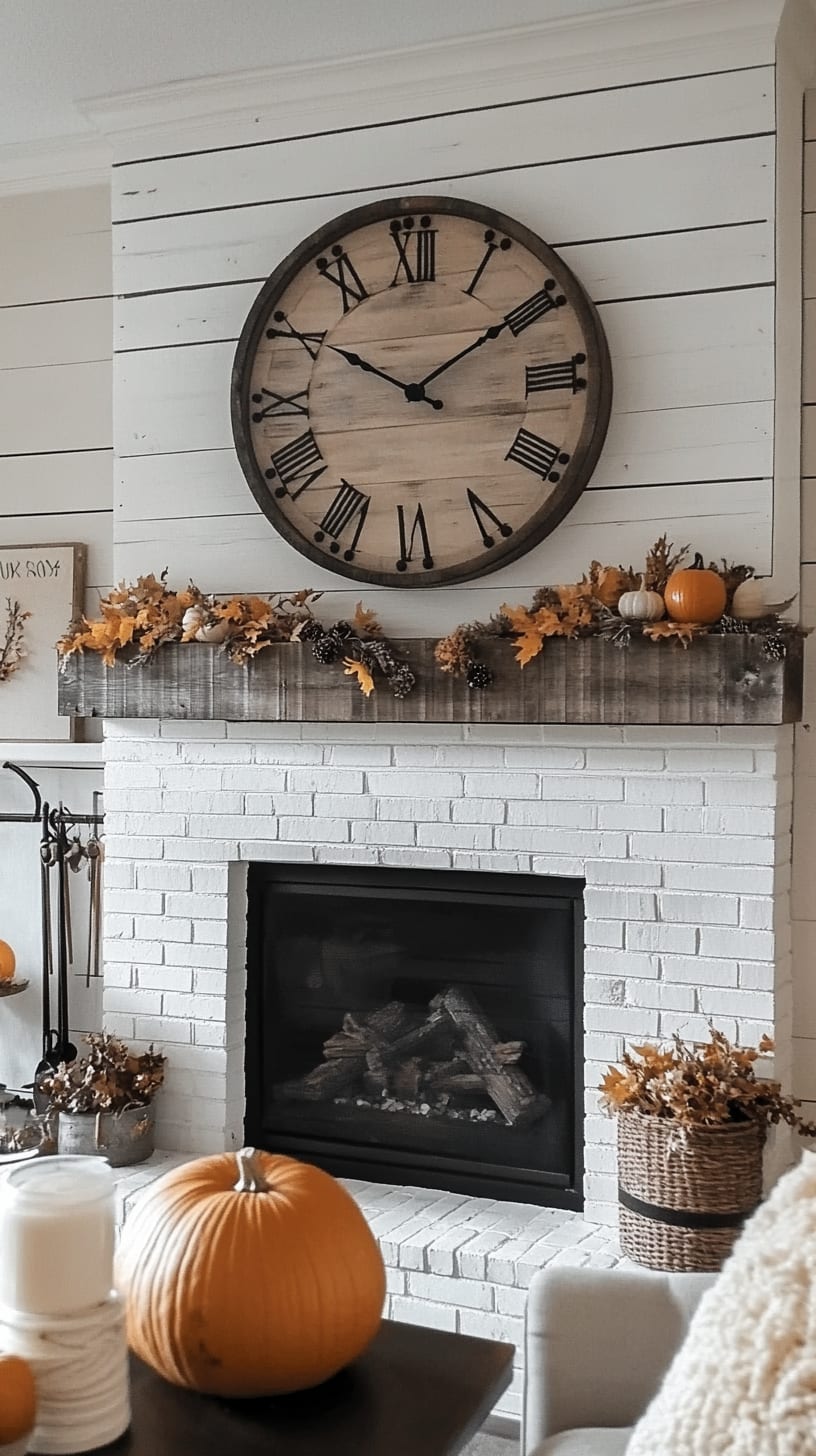 A warm farmhouse fireplace adorned with a large wooden clock, pumpkins, and autumn leaves, creating a cozy atmosphere perfect for fall gatherings.