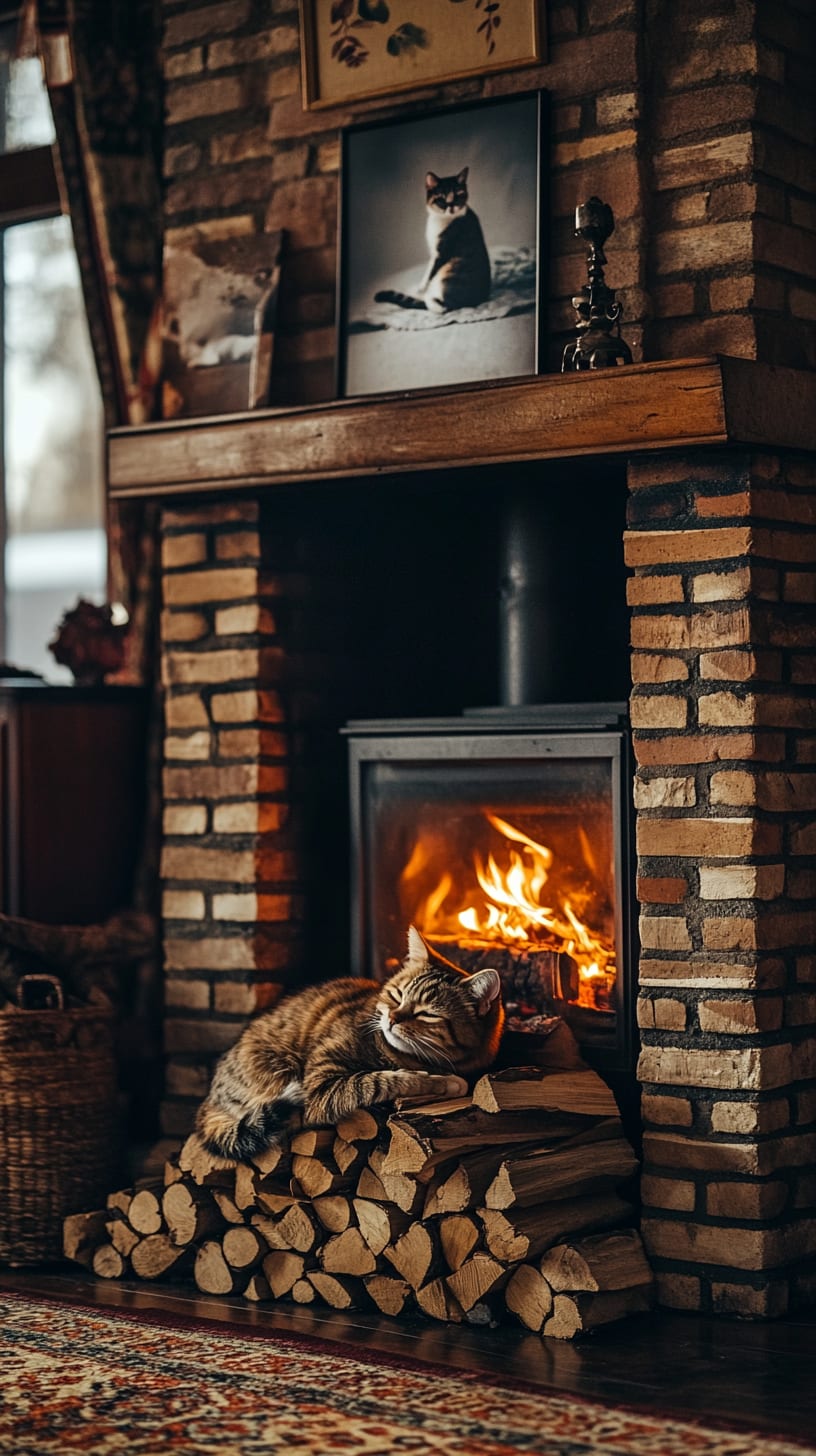 A cozy fireplace with stacked firewood, a sleeping cat on top, and framed cat pictures above, creating a warm and inviting atmosphere.