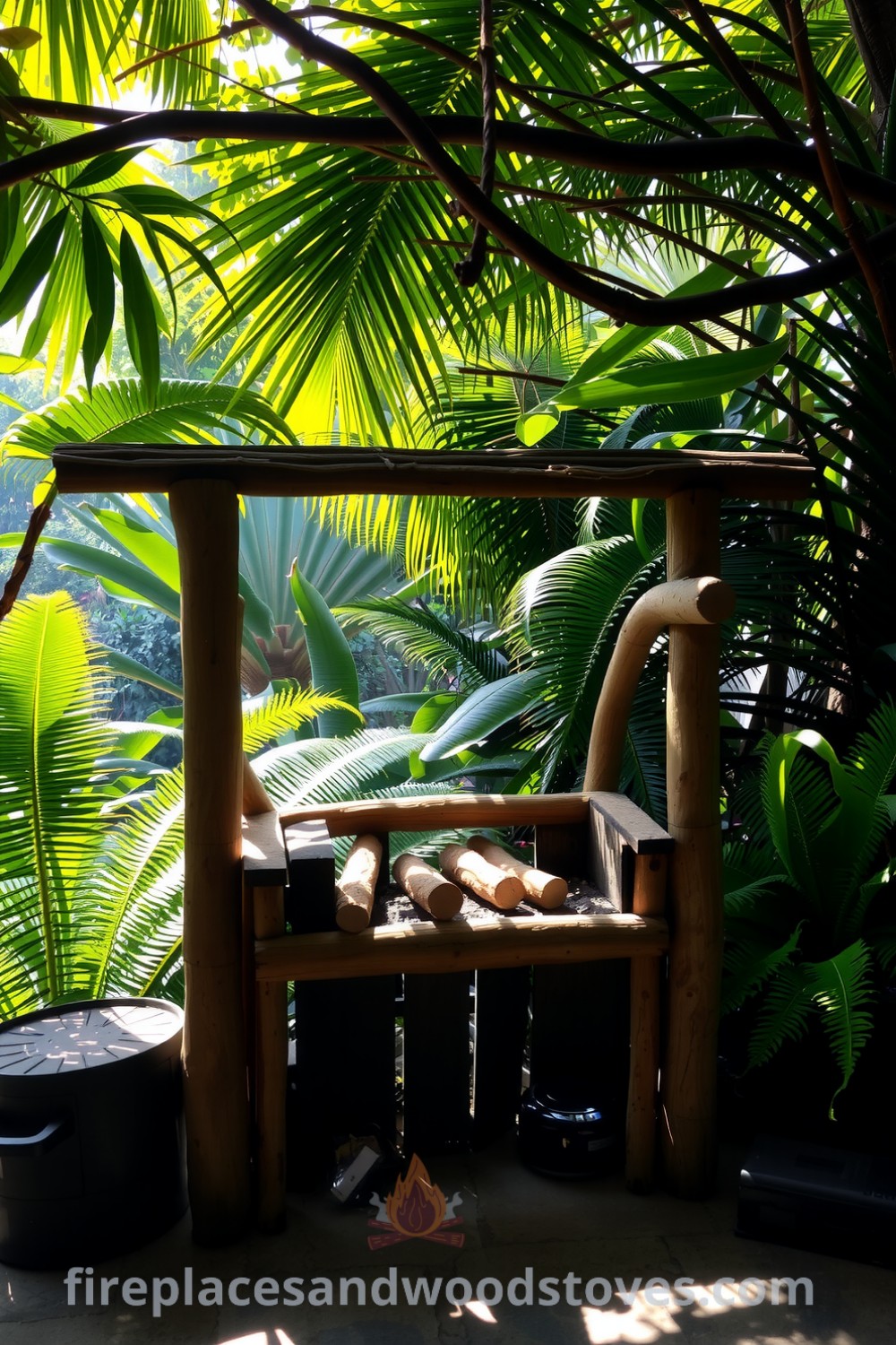 Rustic outdoor barbecue surrounded by a tropical jungle canopy with weathered wood frame, burning logs, vibrant green ferns, and dappled sunlight casting shadows on the stone floor, offering cozy ideas for your home at fireplacesandwoodstoves.com.