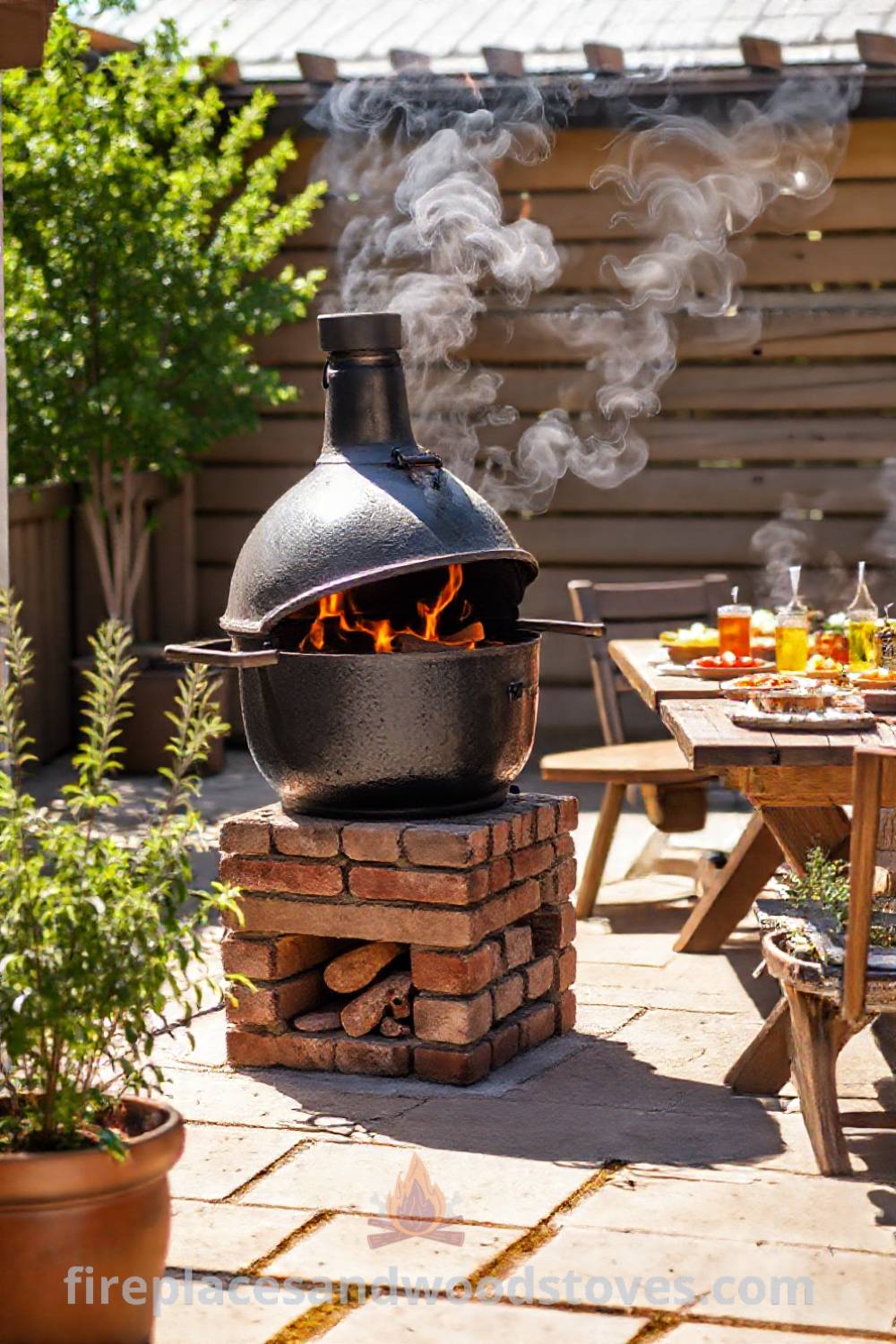 Sturdy wood-fired barbecue on a sun-drenched patio with charred brick base, rough-hewn wooden tables filled with fresh sides and drinks, surrounded by potted herbs. Perfect for outdoor gatherings and creating incredible ideas for your backyard. Visit patioandhomefurniture.com for inspiration.