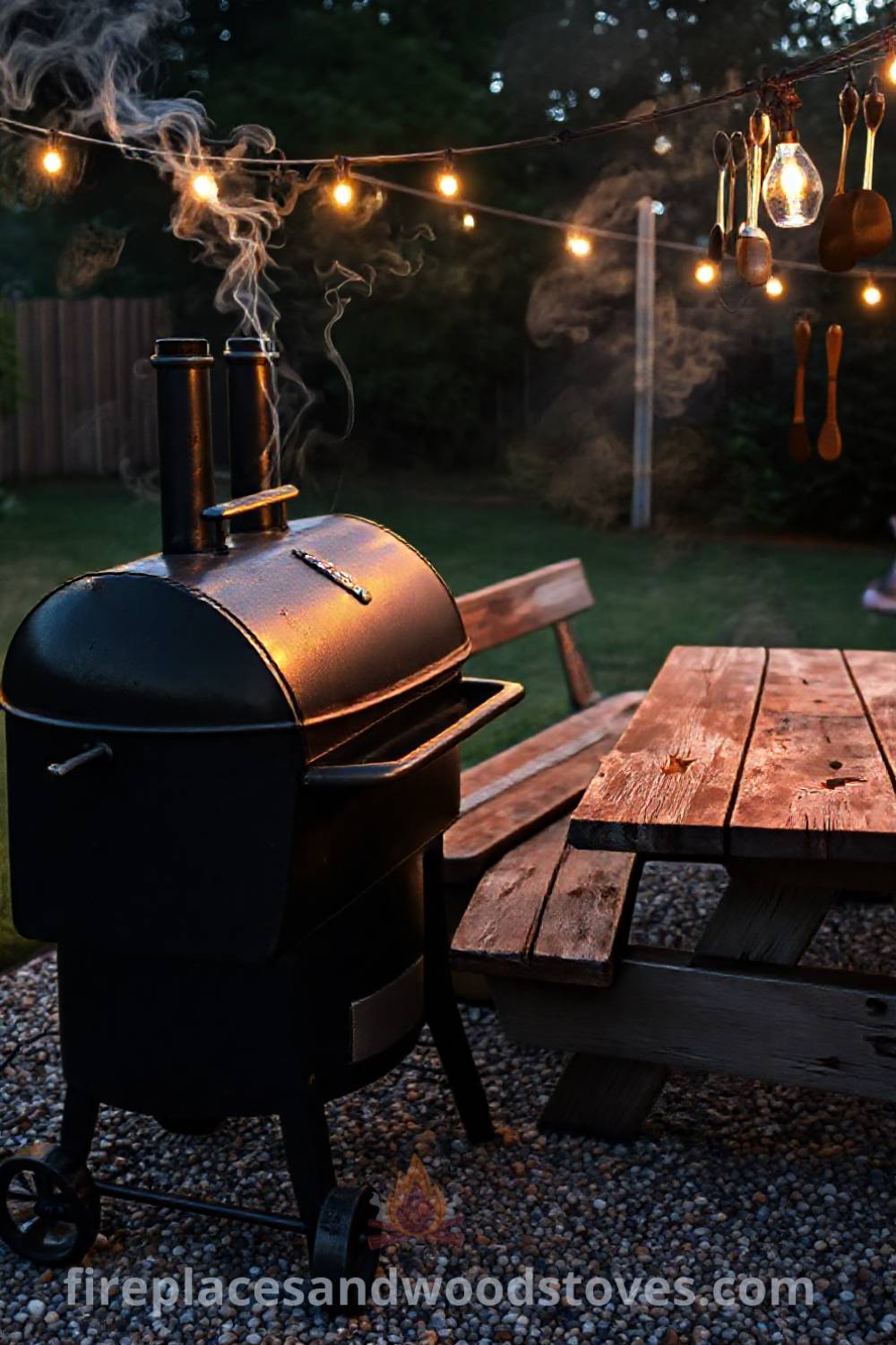 Robust barbecue smoker on a gravel patio with wisps of smoke, a weathered picnic table under string lights, creating a cozy gathering space for outdoor dining and fun. Visit patioandhomefurniture.com for stylish ideas that will wow your guests.