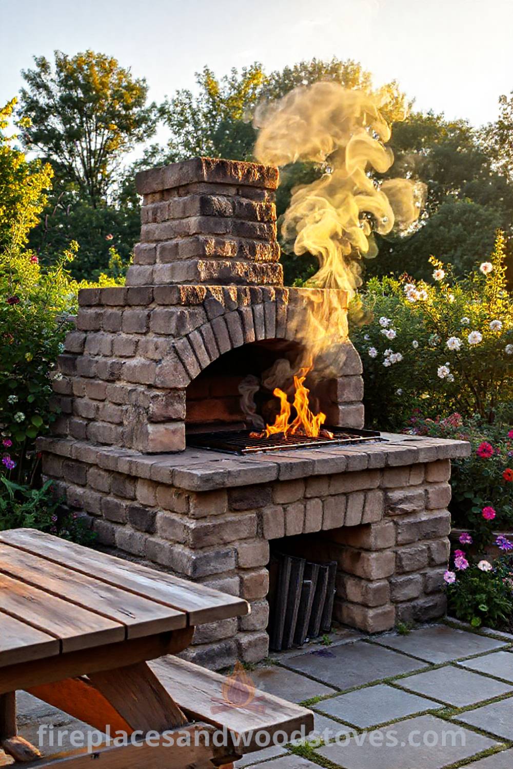 Robust stone BBQ oven on a sun-kissed patio with lush greenery and blooming flowers, creating a cozy outdoor gathering space perfect for summer barbecues. Visit patioandhomefurniture.com for incredible ideas that will wow your guests.