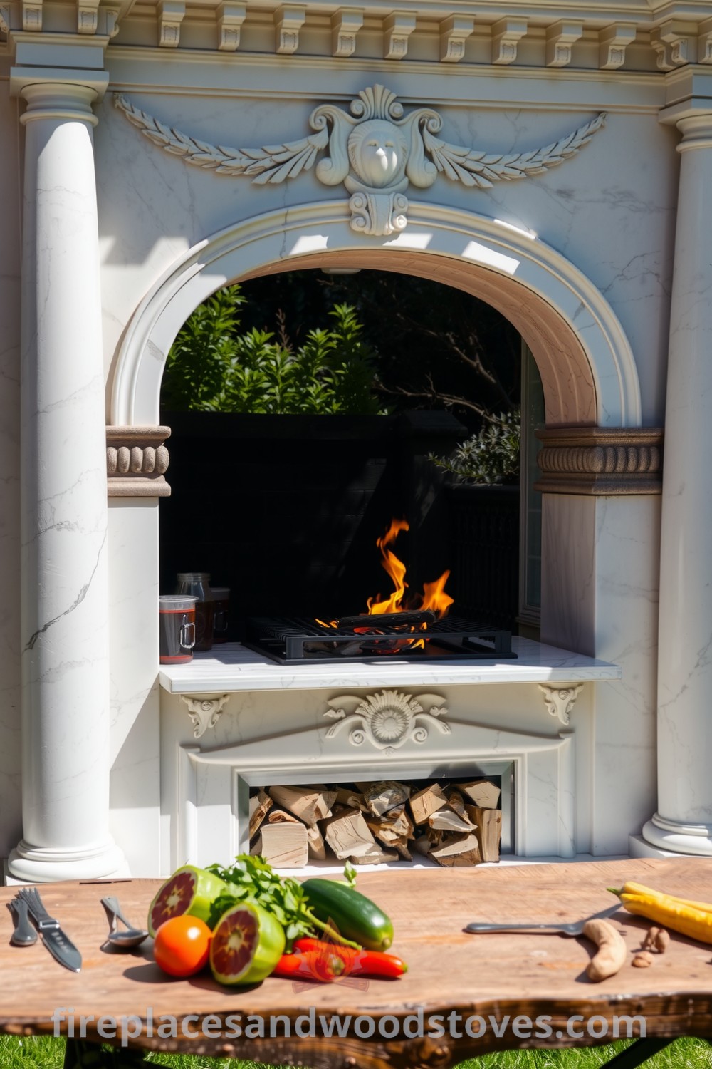 Grand neoclassical marble outdoor barbecue in a sun-drenched garden, featuring intricate carvings, flickering wood-fueled flames, and a nearby wooden table filled with fresh vegetables, creating cozy and inviting design ideas for your home at fireplacesandwoodstoves.com.