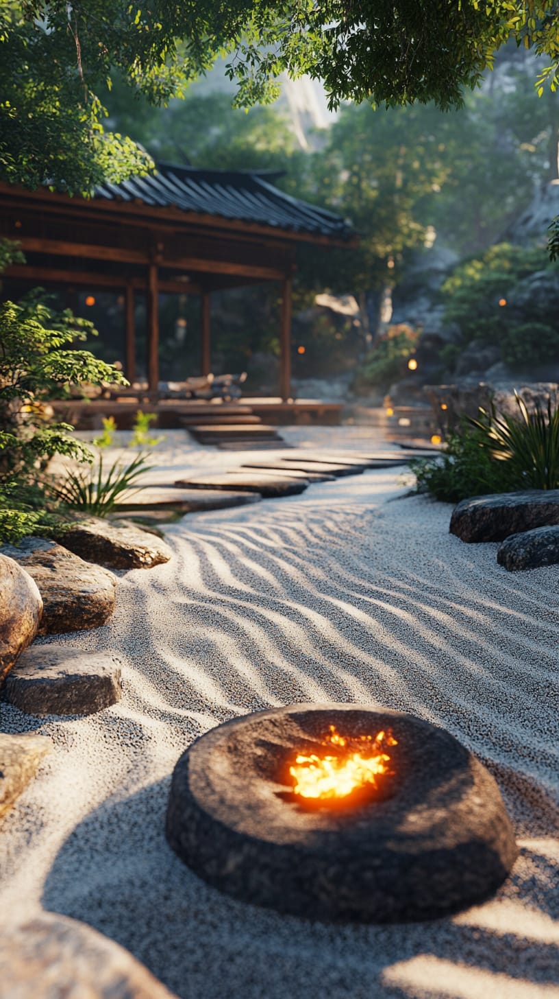 A tranquil Zen garden featuring raked sand, stone textures, and a central open fire pit surrounded by lush greenery and traditional Japanese architecture.