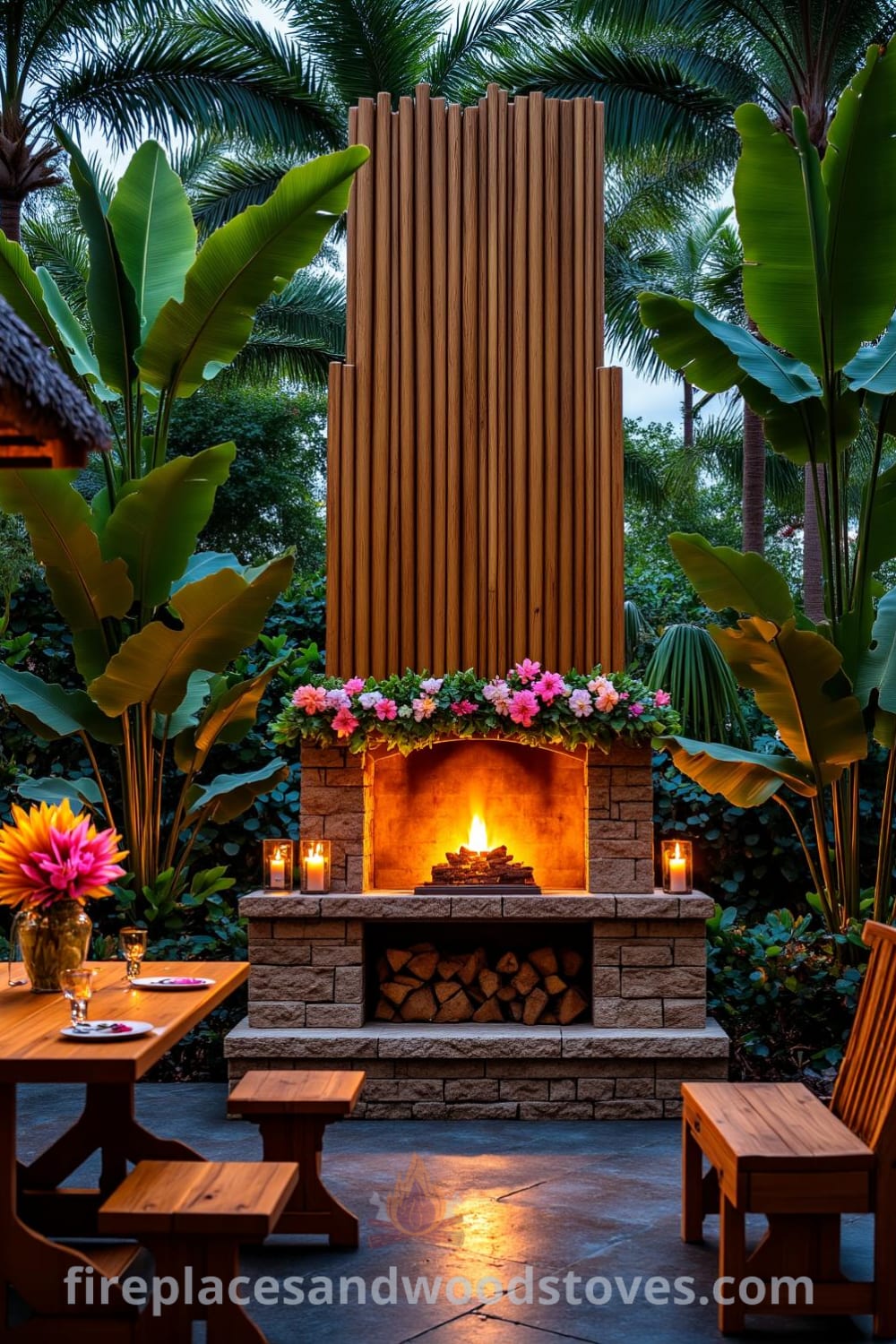 Tropical bamboo barbecue fireplace surrounded by swaying palm trees and vibrant flowers on an outdoor patio, creating a cozy atmosphere ideal for gatherings under the stars, featuring a warm glow from the fire and uneven stone flooring with traces of soot, providing unique design ideas for your home. For more inspirations, visit fireplacesandwoodstoves.com.