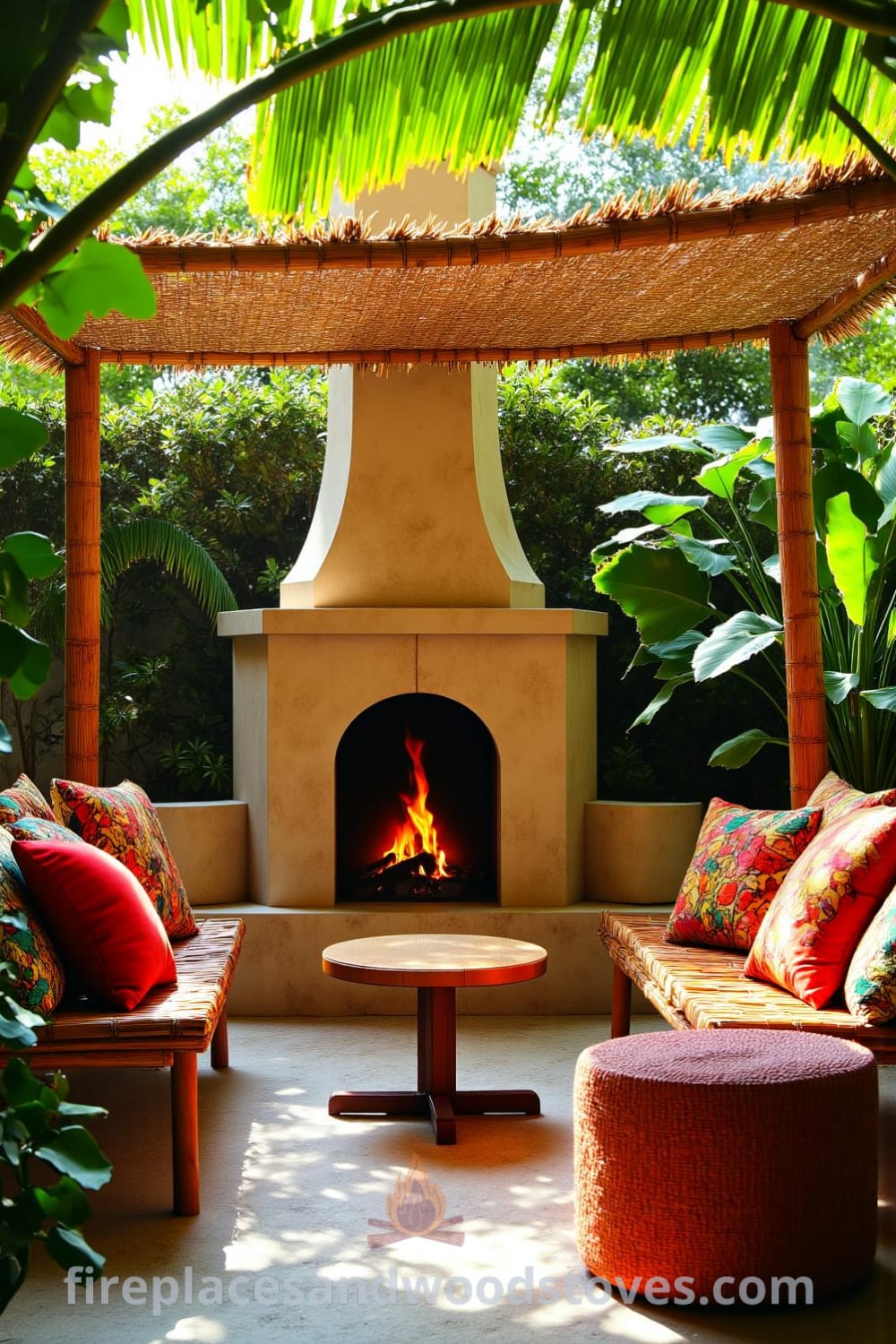 Tropical bamboo barbecue fireplace nestled among vibrant green foliage in a sun-drenched backyard, with a warm fire flickering beneath a bamboo canopy, creating a cozy atmosphere perfect for gatherings. The space is complemented by colorful cushions inviting relaxation and storytelling, showcasing unique ideas for your home and decor inspirations. Visit fireplacesandwoodstoves.com for cozy ideas.