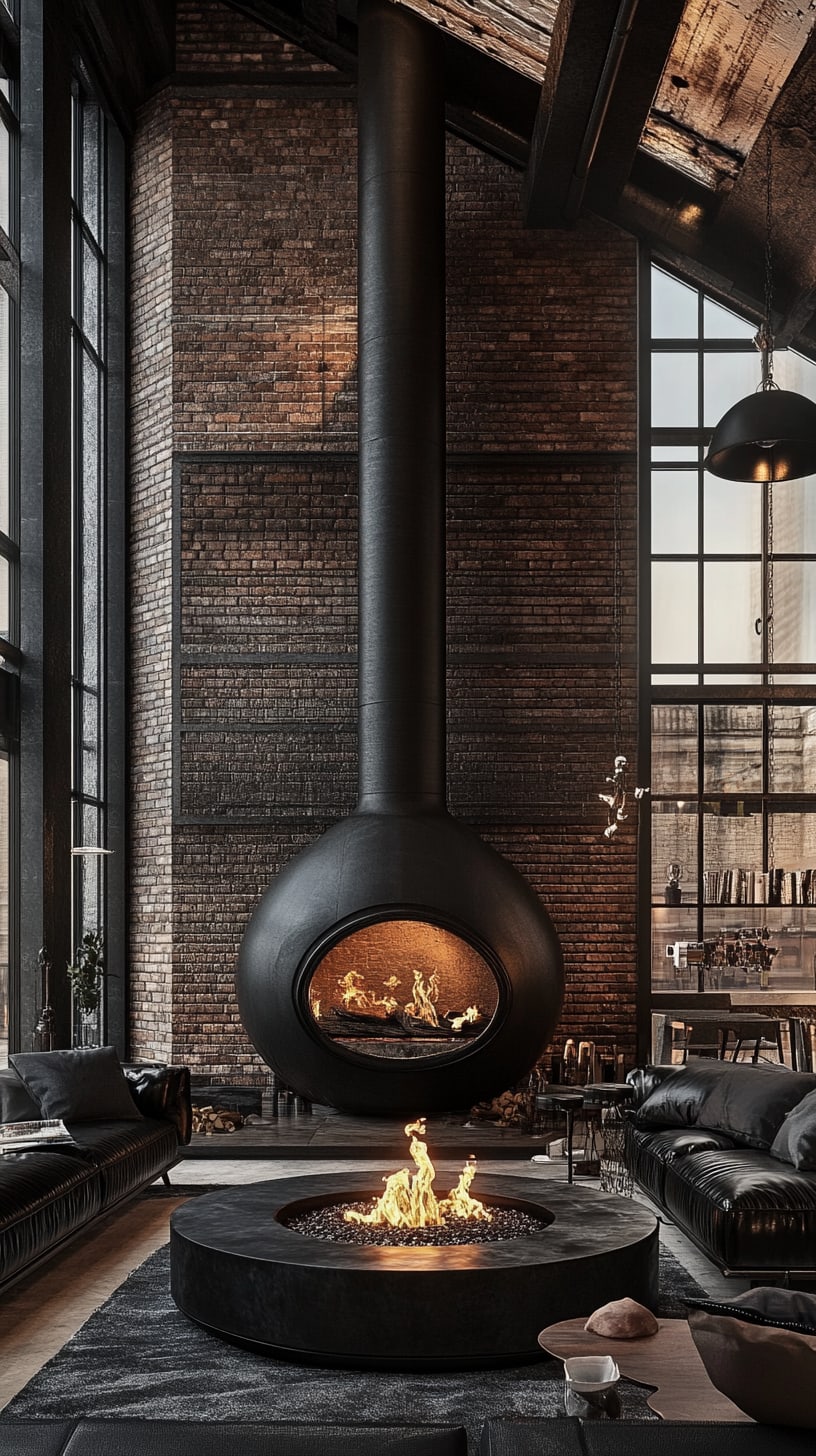 A modern living room with high ceilings, featuring a black steel fireplace, brick walls, large windows, and a leather sofa.