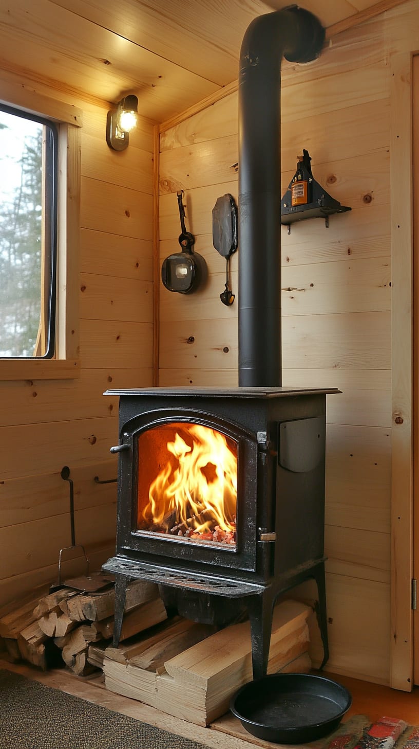 A cozy cabin interior featuring a small wood stove with a fire burning, surrounded by firewood and light-colored pine walls, illuminated by natural sunlight.