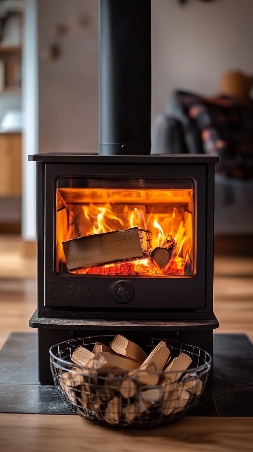 A modern black wood stove with a burning fire inside, complemented by an iron basket filled with whole logs and sticks, set in a cozy living room.