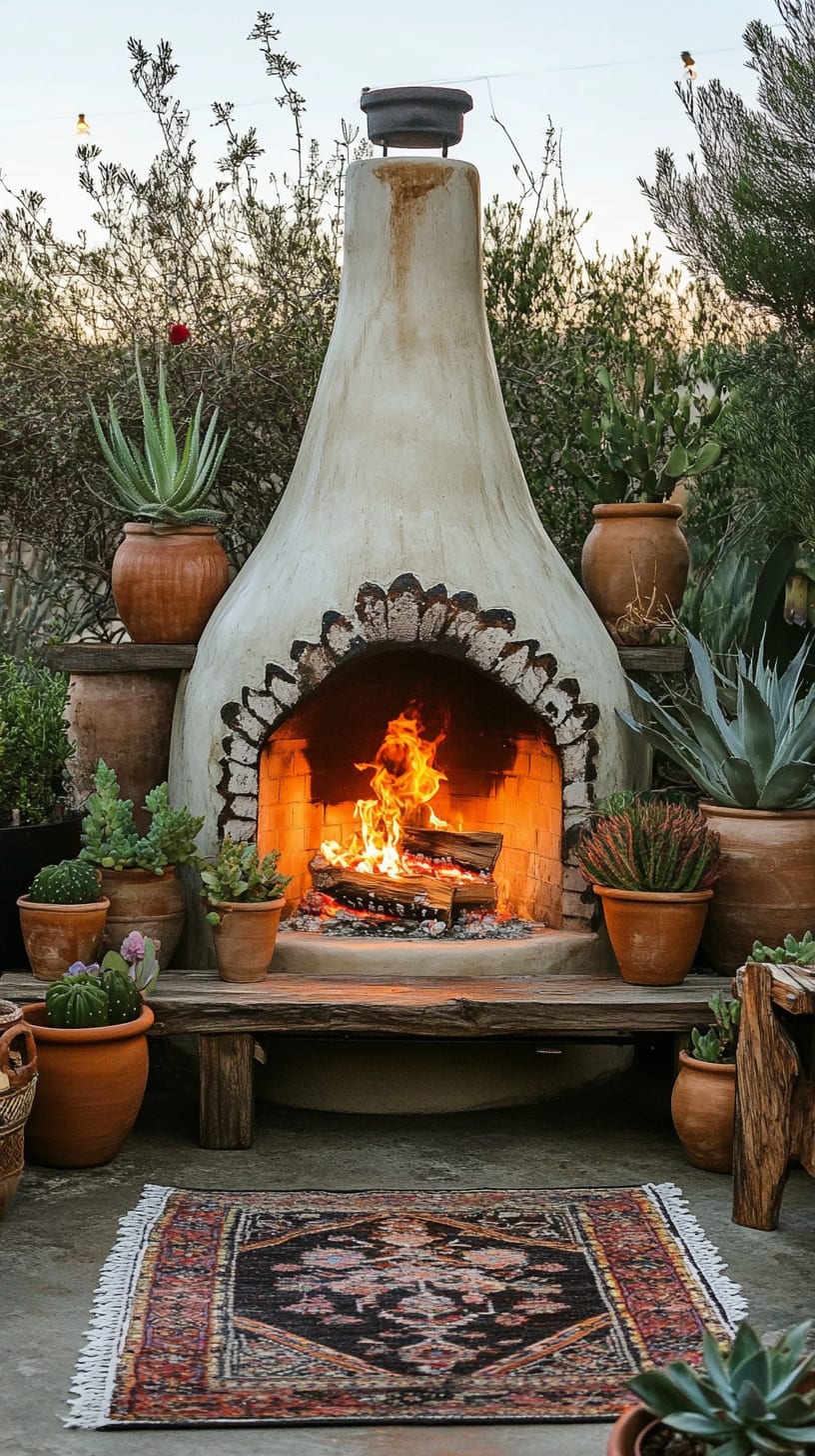 An outdoor adobe-style fireplace with flames burning inside, surrounded by succulents and a boho-style rug, set in a cozy backyard.
