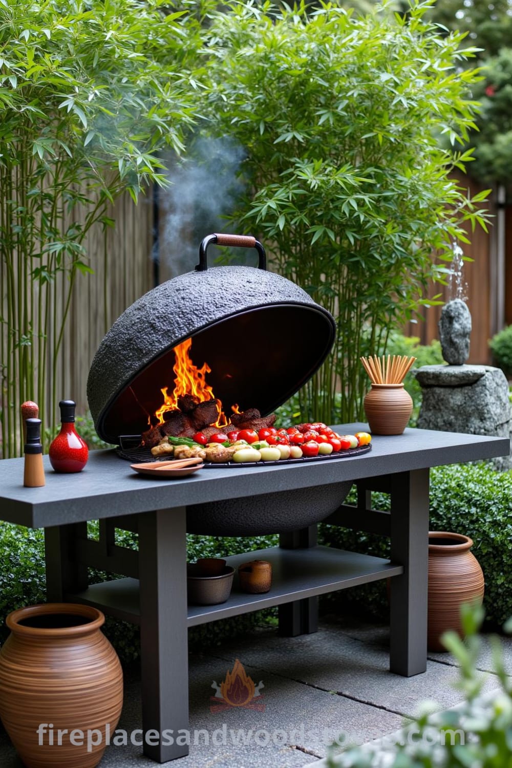 Wood-fired Japanese Zen outdoor barbecue in a tranquil garden setting, surrounded by bamboo, grilling vegetables, and a stone fountain, creating a cozy and inviting space for culinary inspiration. Visit fireplacesandwoodstoves.com for unique ideas.