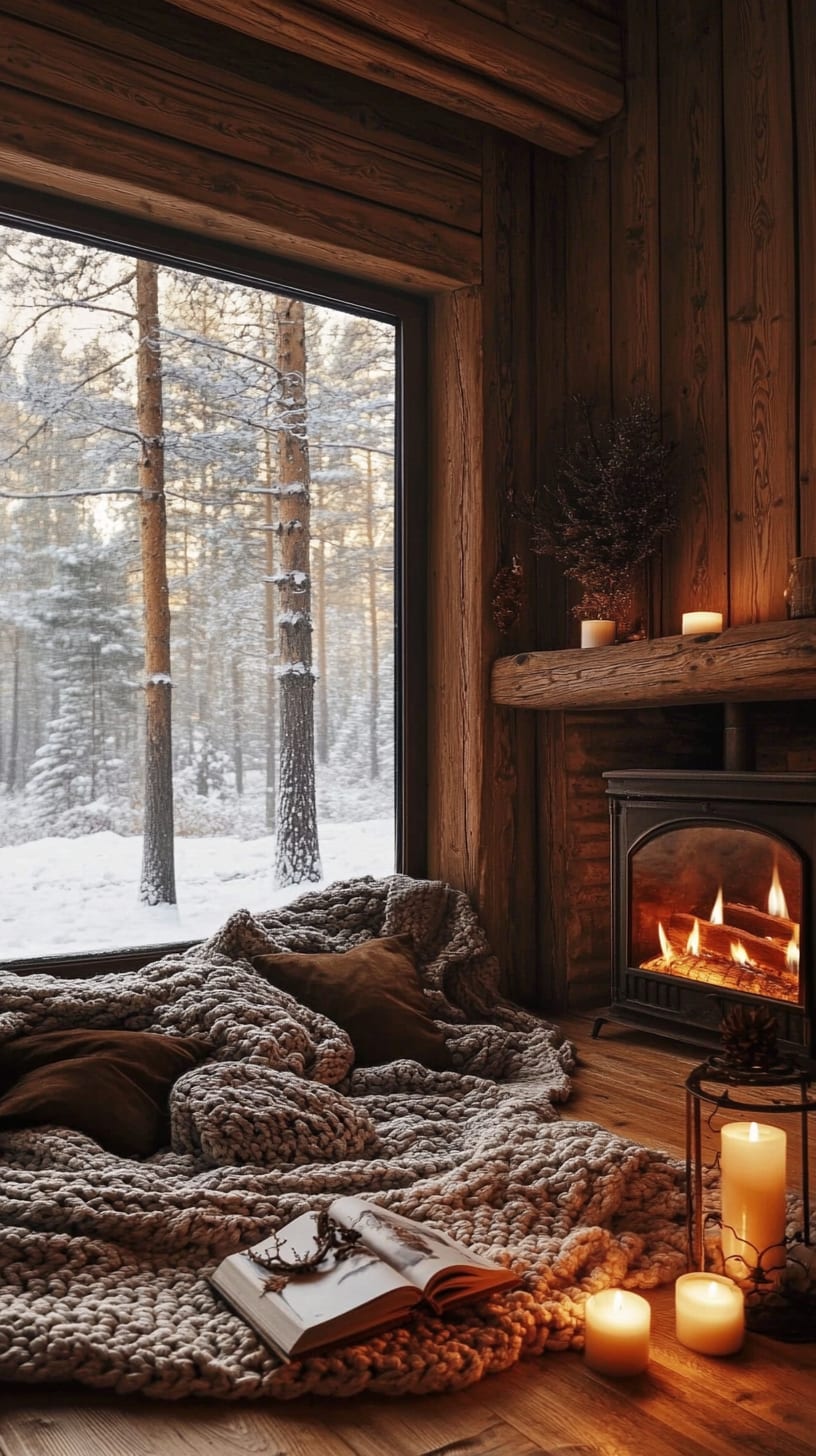 A cozy cabin interior featuring large windows overlooking a snowy forest, a warm fireplace, soft blankets, and rustic decor, creating an inviting atmosphere.