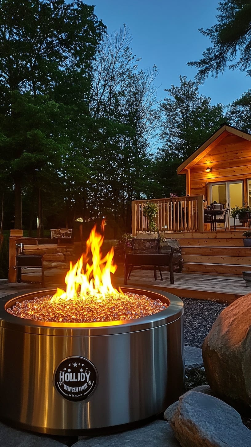 A stainless steel fire pit set in front of a cozy cabin at night, surrounded by large stones and a warm glow from the flames.