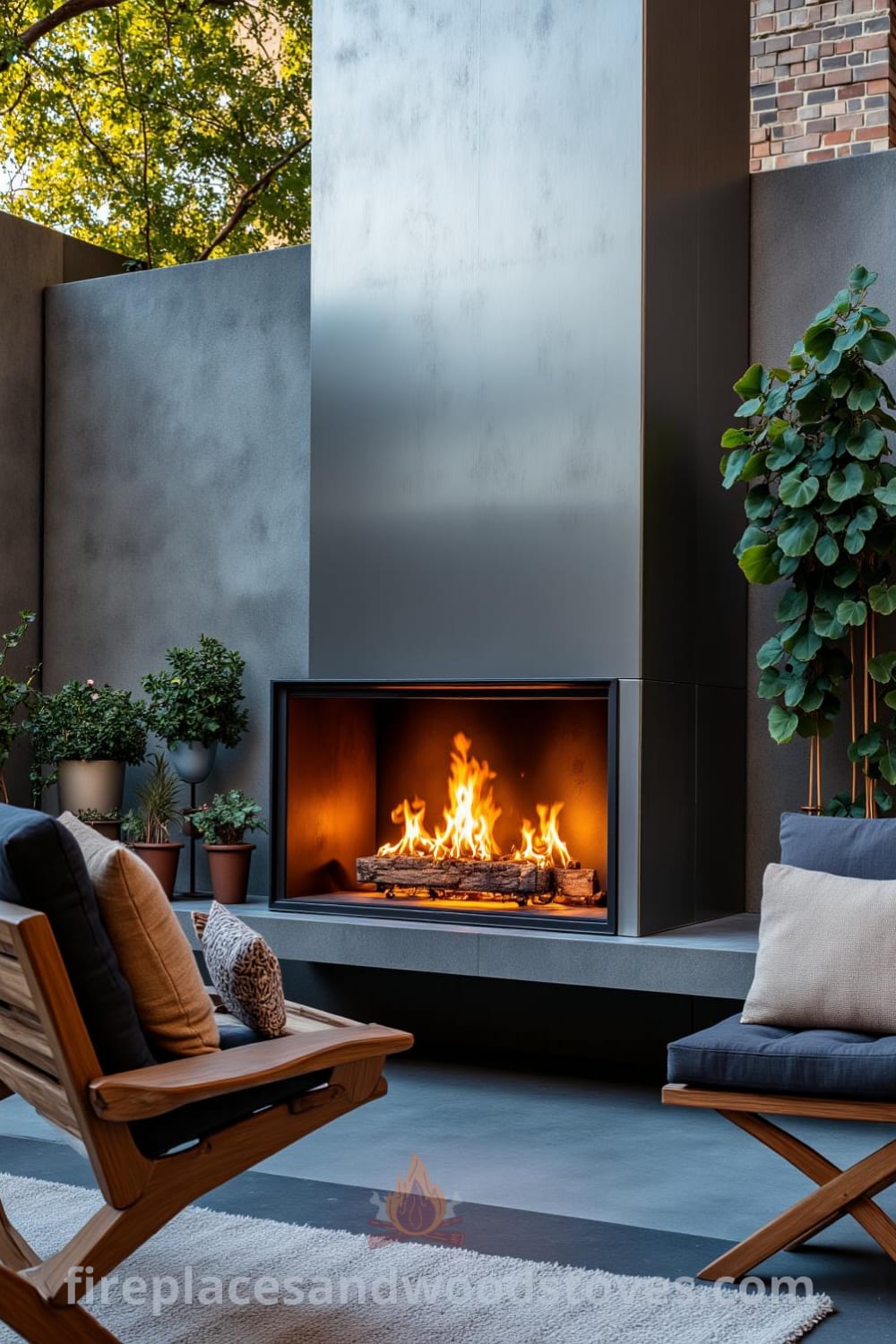 Industrial steel outdoor fireplace in a modern urban terrace setting, featuring glowing flames, cozy mismatched furniture, and potted plants, creating a warm and inviting atmosphere perfect for outdoor gatherings. Visit fireplacesandwoodstoves.com for unique decor ideas and inspirations for your home.