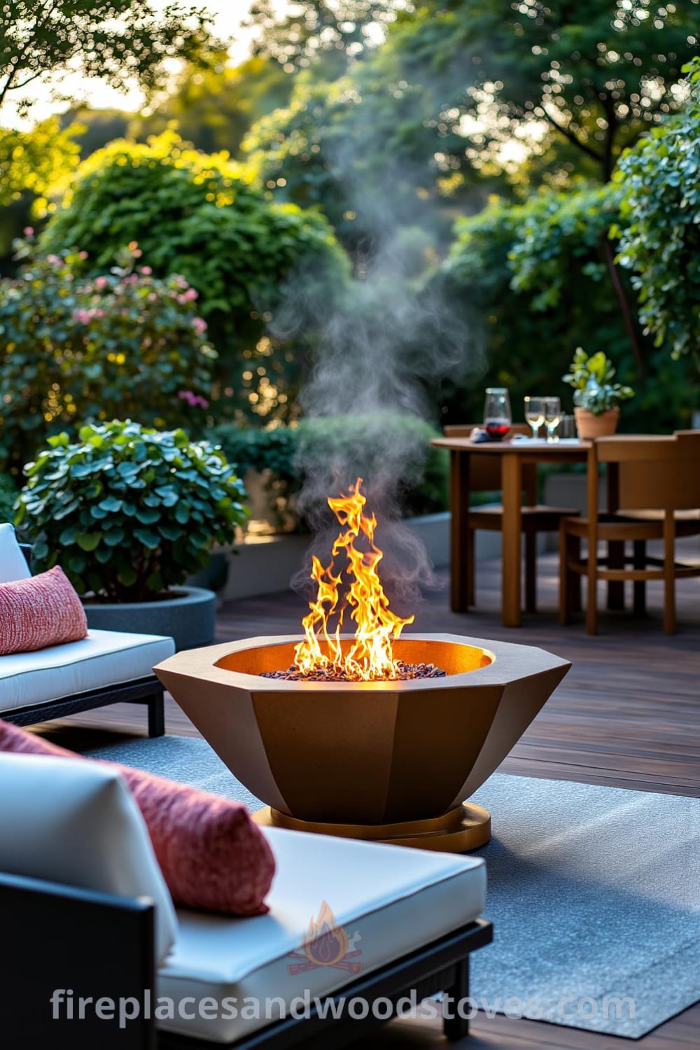 Art Deco fire pit creating a cozy atmosphere in an outdoor lounge surrounded by lush greenery, with stylish seating and colorful pillows, providing unique decor ideas for your home. Visit fireplacesandwoodstoves.com for inspiring design ideas.