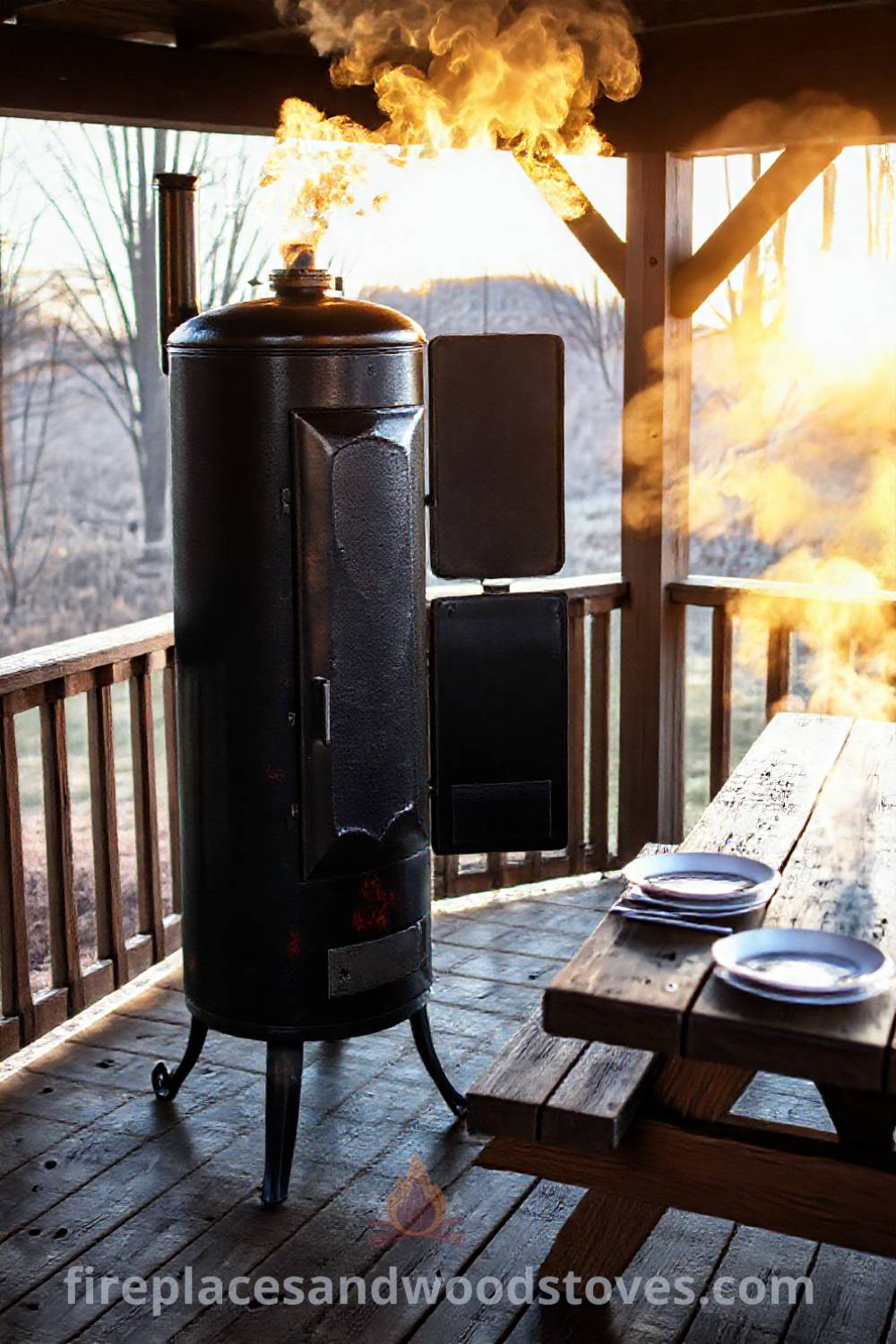 Tall vertical smoker barbecue on a wooden deck at sunset with smoke drifting from the chimney, surrounded by a picnic table set for a feast, creating a cozy and inviting outdoor gathering space. Visit patioandhomefurniture.com for incredible ideas that will wow your guests.