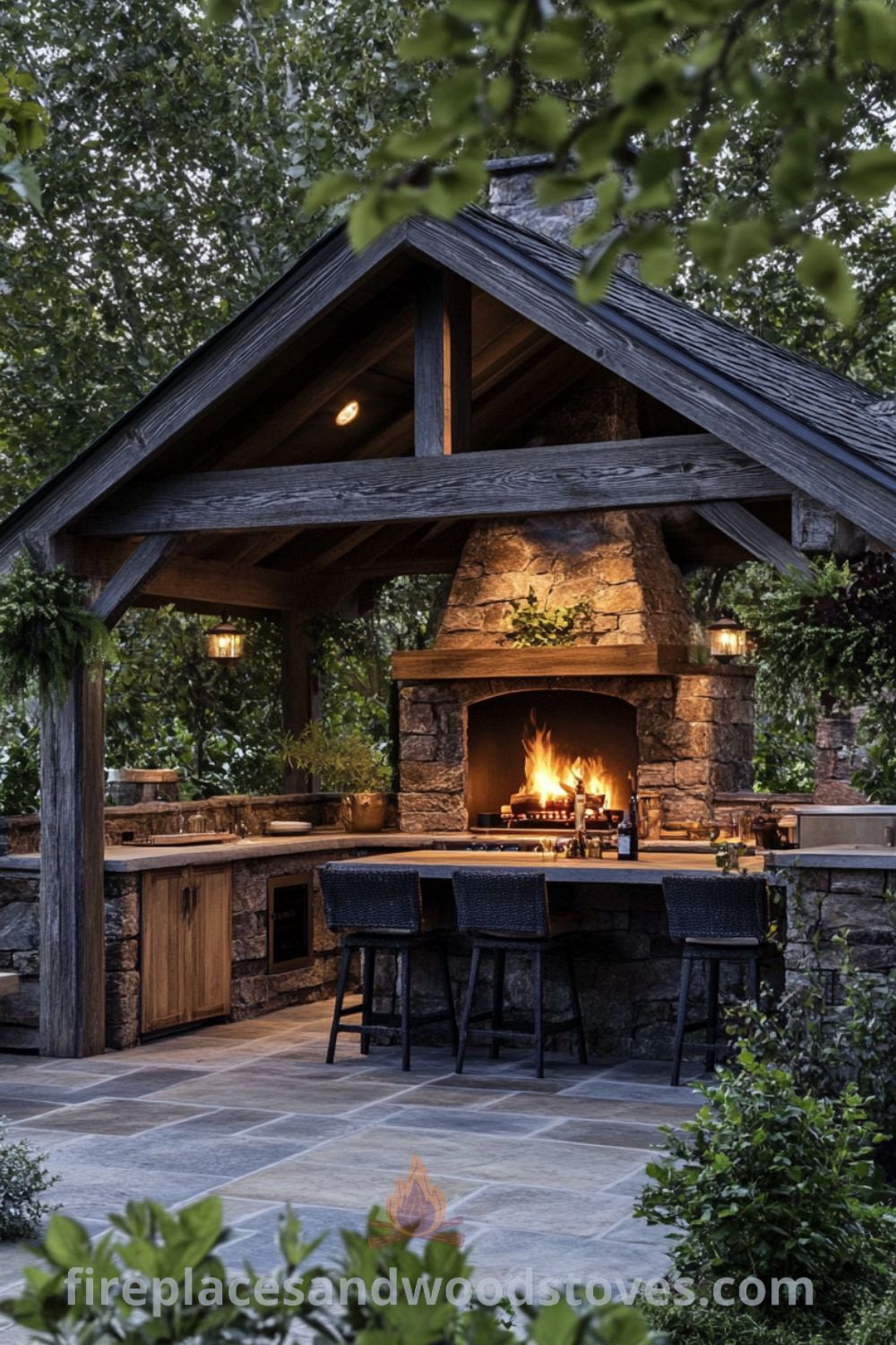 Charming outdoor cooking area on fireplacesandwoodstoves.com featuring a covered patio, rustic kitchen elements, and cozy ideas for outdoor dining and entertaining.