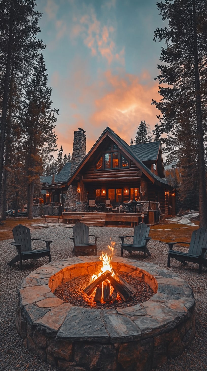 A rustic log cabin surrounded by tall pine trees, featuring a warm campfire in a stone fire pit with comfortable chairs arranged around it, all under a beautiful sunset.