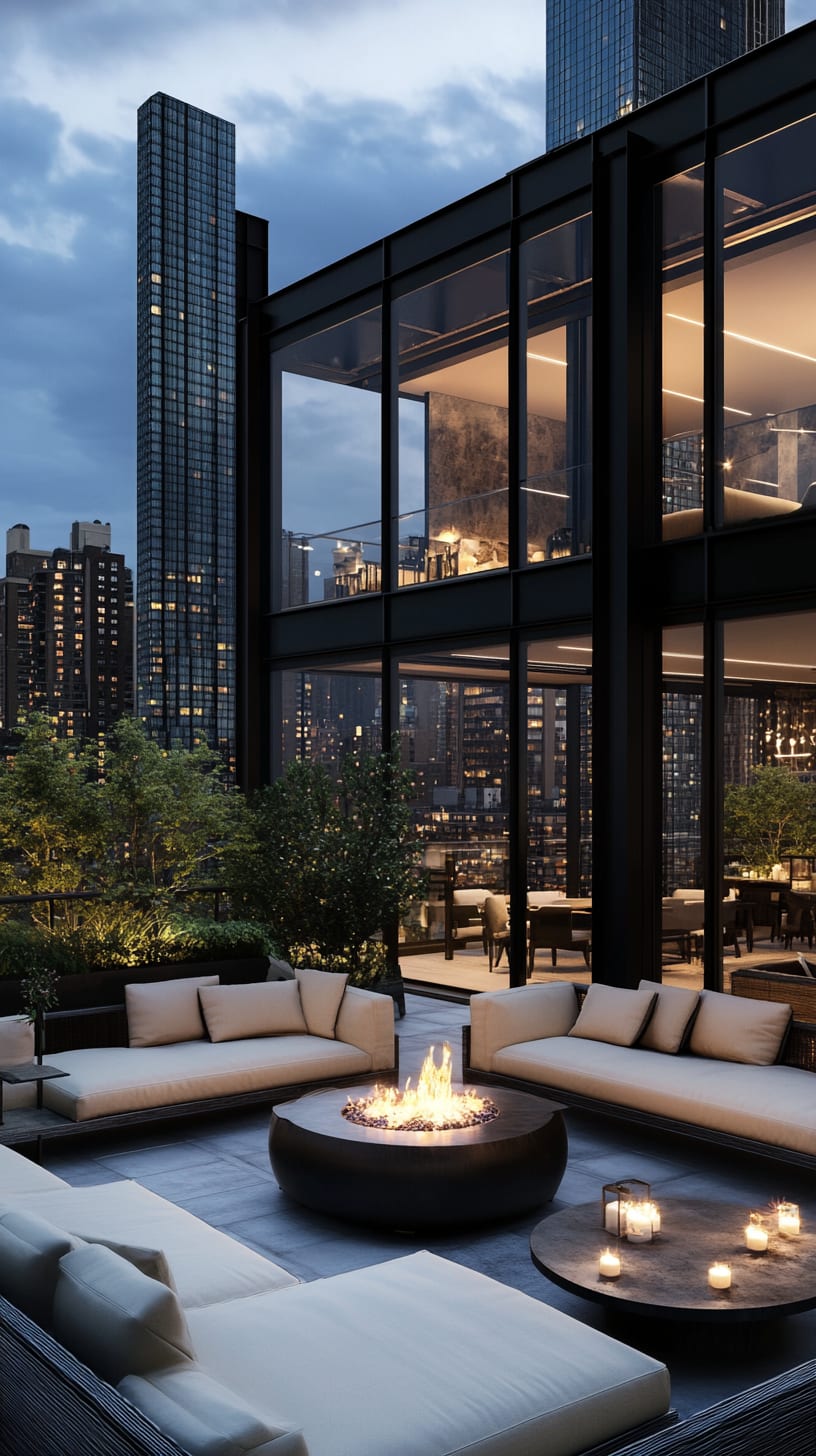 A chic rooftop terrace with modern seating, a fire pit, and a stunning city skyline view, designed for relaxation and social gatherings.