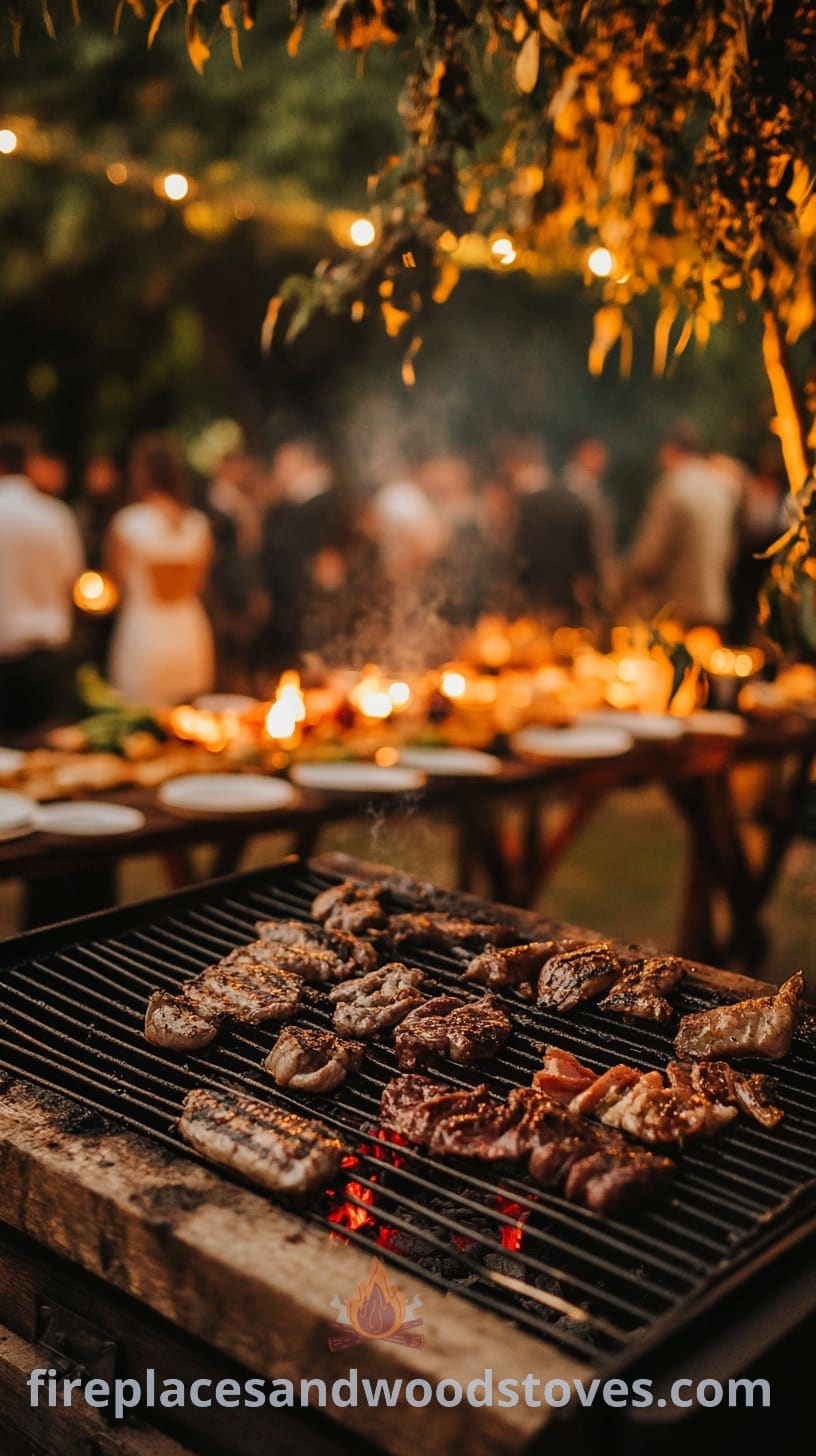 A rustic outdoor wedding scene featuring a barbecue setup with various grilled meats and guests dining under fairy lights in a cozy garden atmosphere.