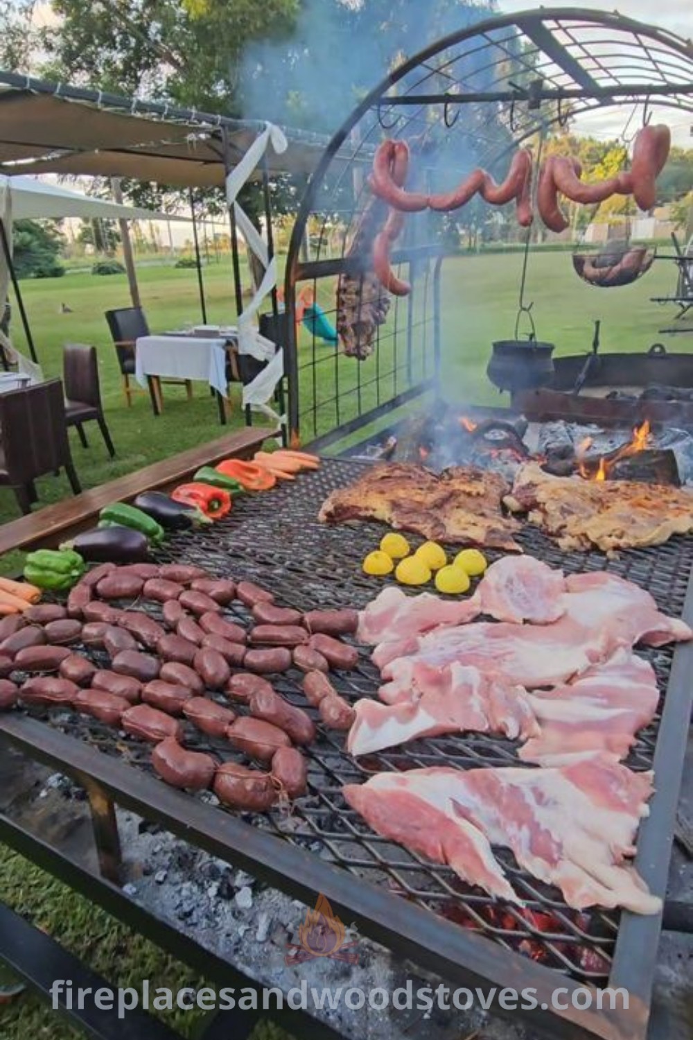An outdoor grill scene with sausages, hot dogs, and various foods cooking, highlighting a cozy BBQ pavilion design. Perfect for outdoor gatherings and stylish backyard entertainment. Discover amazing outdoor ideas at patioandhomefurniture.com.
