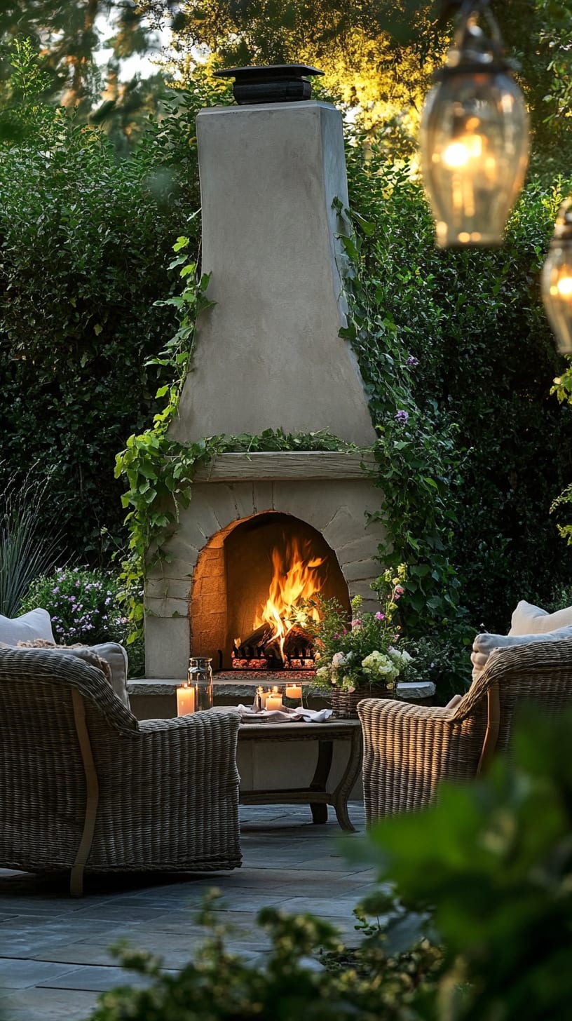 An outdoor fireplace surrounded by wicker chairs and greenery, creating a cozy and inviting atmosphere with soft lighting.