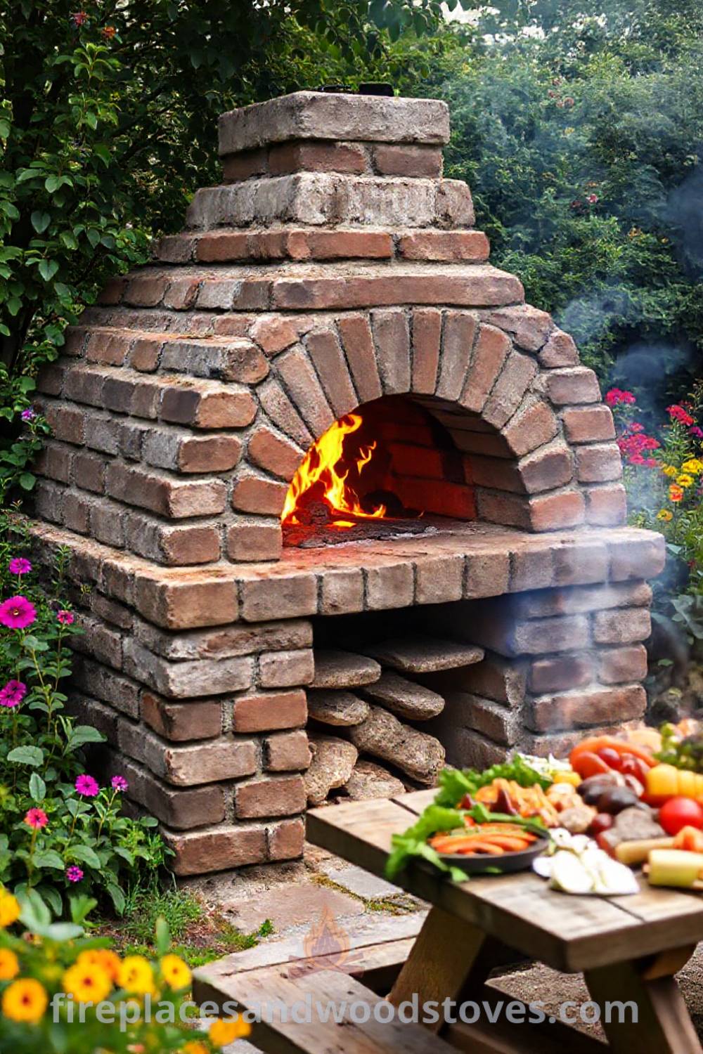 Sturdy stone BBQ oven nestled in a vibrant garden with greenery, flowers, and flames glowing warmly, creating a cozy atmosphere for gatherings and meals. Visit patioandhomefurniture.com for stylish outdoor design ideas transforming your backyard.