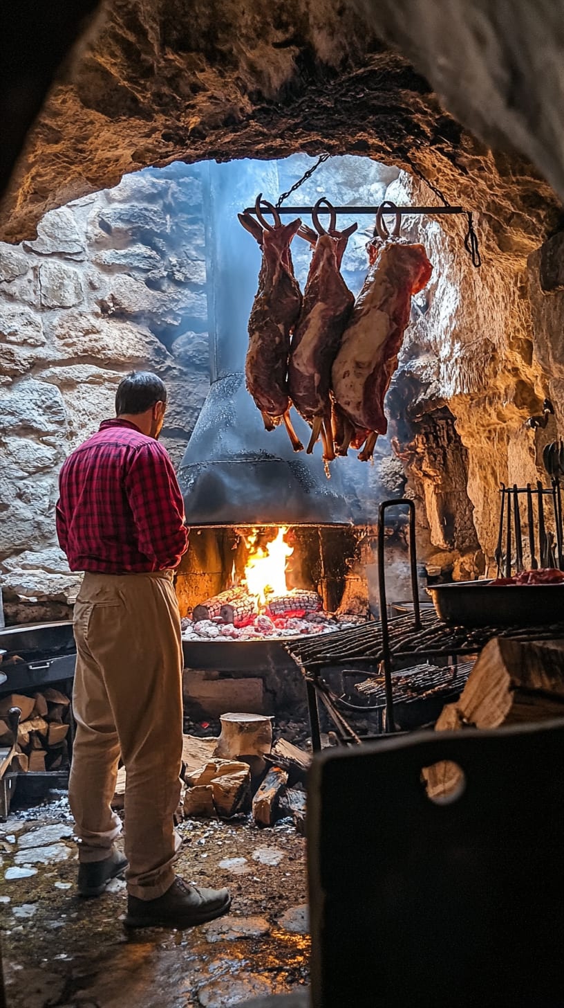 A man roasting lamb over a fire inside an ancient cave, with meat hanging from metal racks and rustic wooden tables nearby, creating a warm and inviting cooking atmosphere.