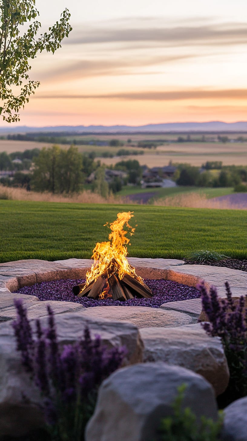A rustic fire pit surrounded by lavender plants, set against a backdrop of rolling green hills and a vibrant sunset sky.