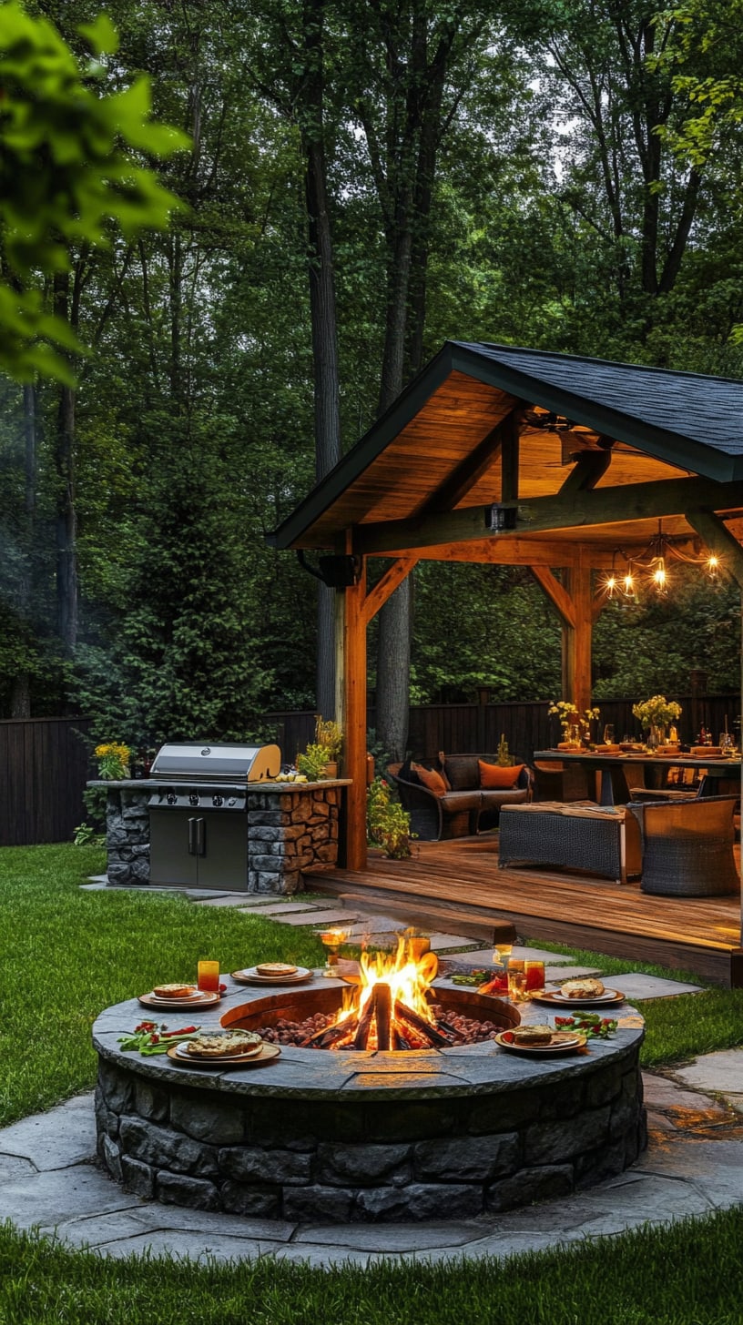 A cozy backyard setup featuring a wooden gazebo with string lights, an outdoor kitchen, a fire pit surrounded by lush grass, and a table laden with food, perfect for family gatherings.