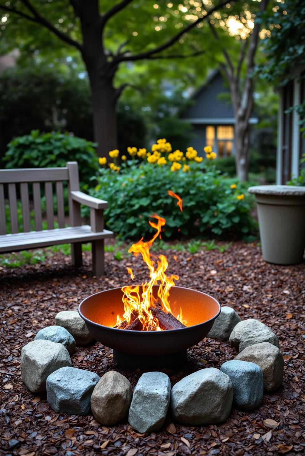 Rustic fire pit surrounded by smooth river stones in a cozy garden setting, with flickering flames illuminating the greenery and a weathered wooden bench nearby, presenting unique ideas for your home decor to inspire a warm and inviting atmosphere. Visit fireplacesandwoodstoves.com for more cozy ideas.