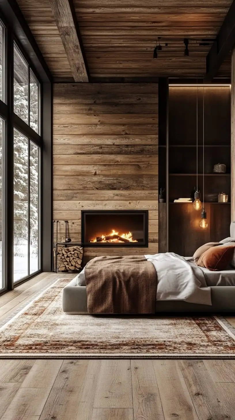 A modern rustic bedroom with wooden walls, a fireplace, and large windows overlooking a snowy landscape.