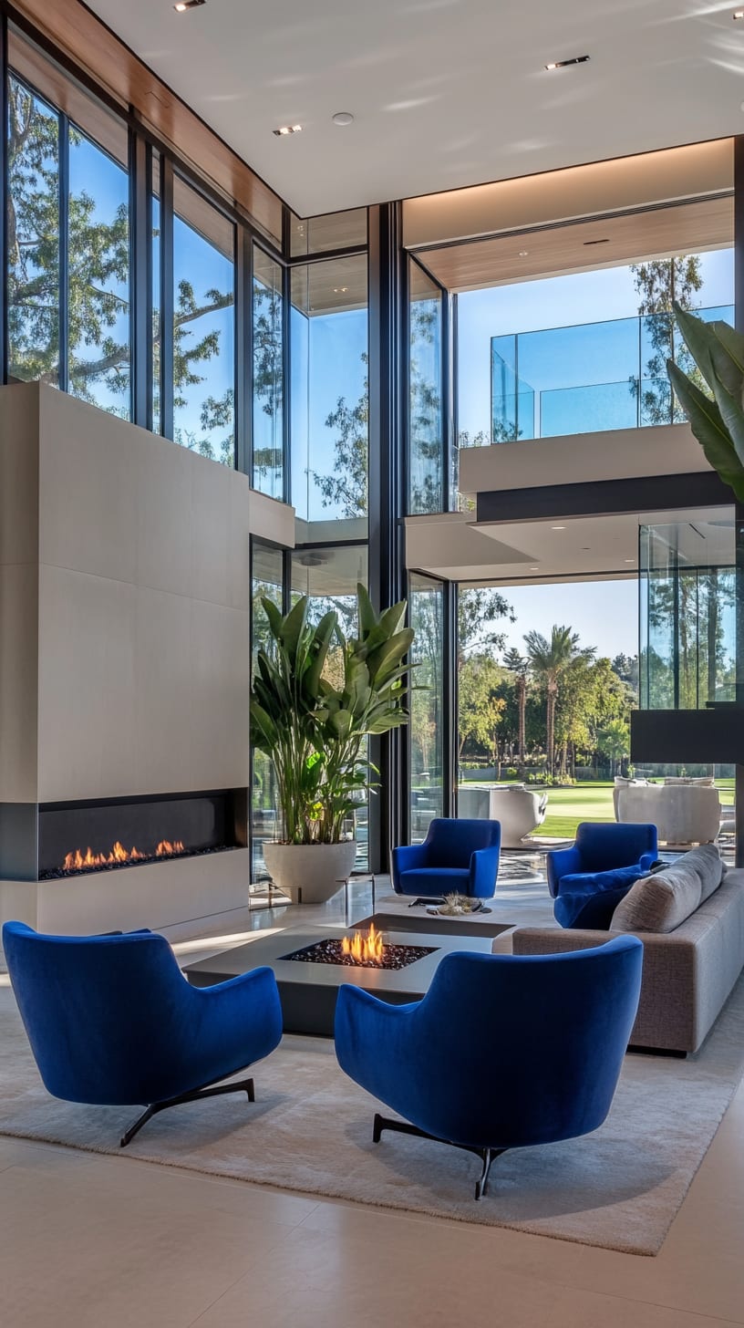 A modern living room featuring white walls, large windows, blue chairs, and an open fire pit, overlooking a lush beachfront landscape.