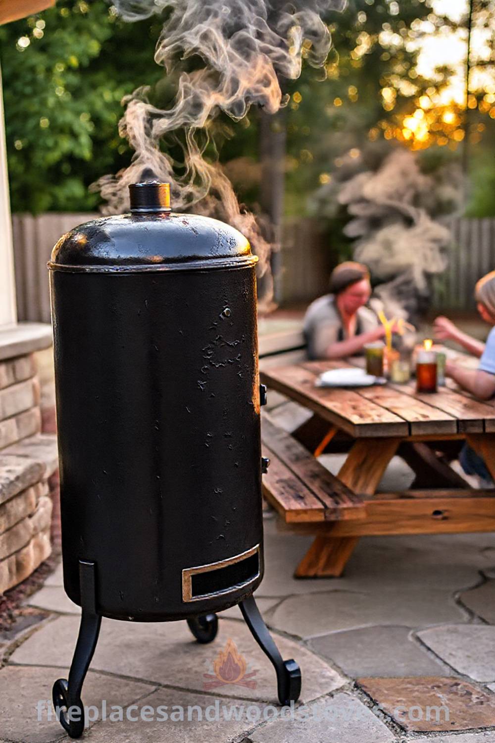 Vertical smoker barbecue on a stone patio with friends gathered around a wooden picnic table, sharing stories and enjoying the warm ambiance of the glowing embers, perfect for creating a cozy outdoor gathering space. Visit patioandhomefurniture.com for stylish outdoor design ideas.