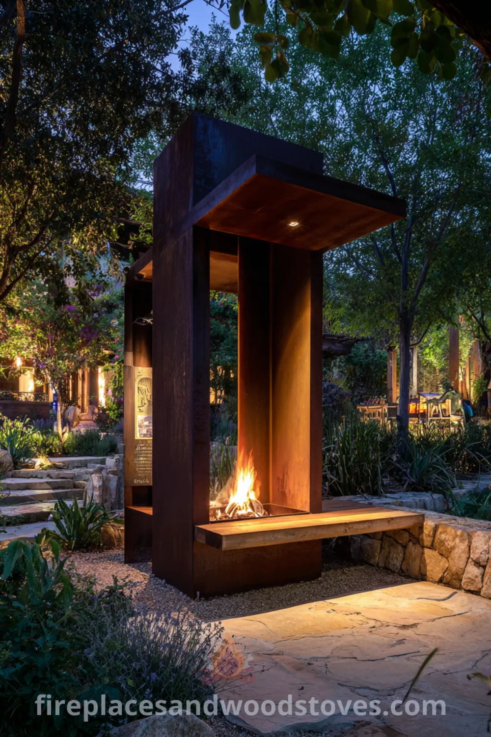 Modern minimalist outdoor fireplace made of corten steel, integrated seating, and lush greenery surrounding a serene environment.