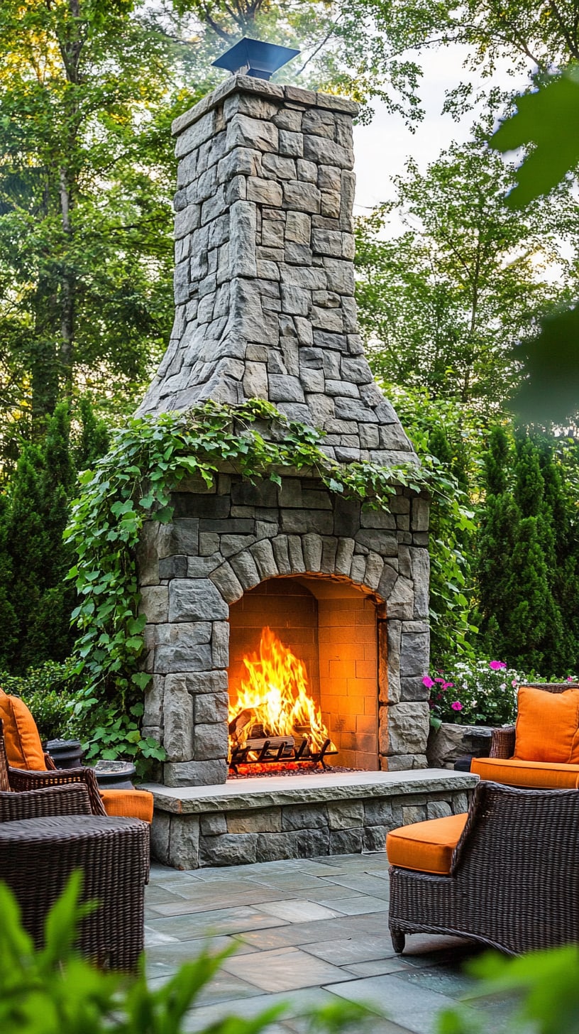 A cozy outdoor stone fireplace surrounded by orange chairs and greenery in a serene backyard setting.