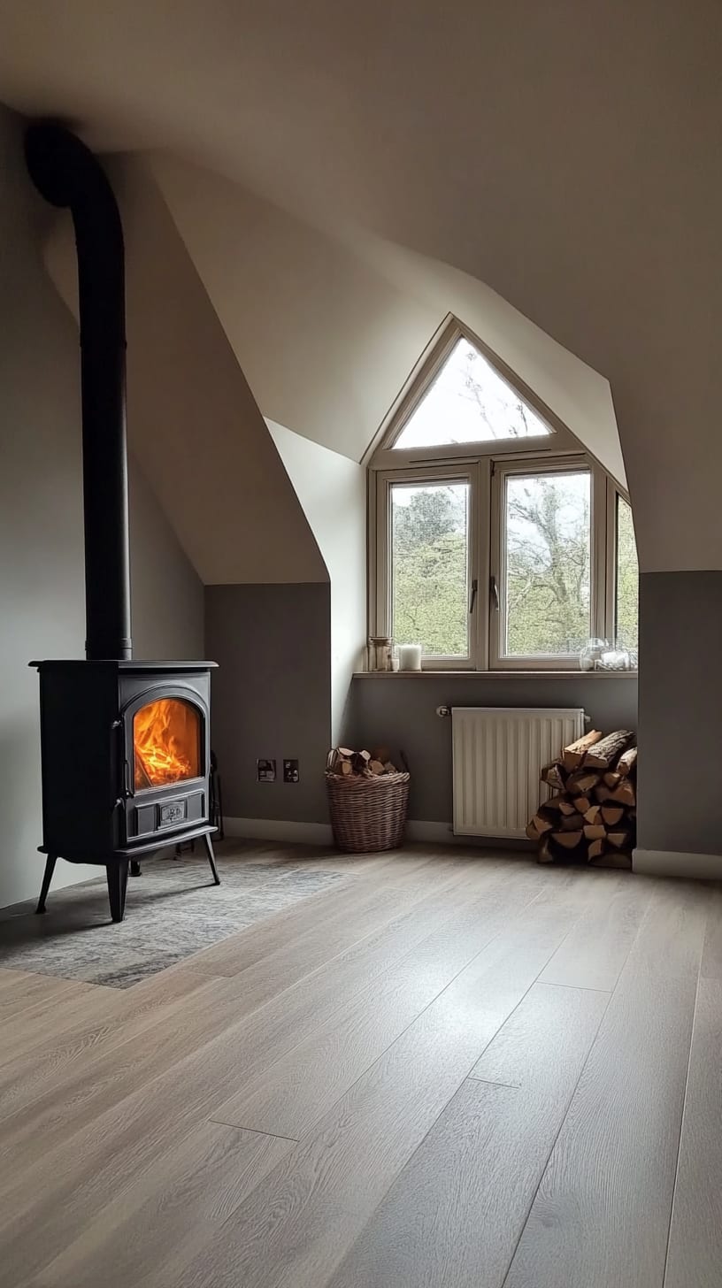 A cozy attic room featuring a modern wood stove, light gray walls, and light oak flooring, creating a warm and inviting space with natural light from a large window.