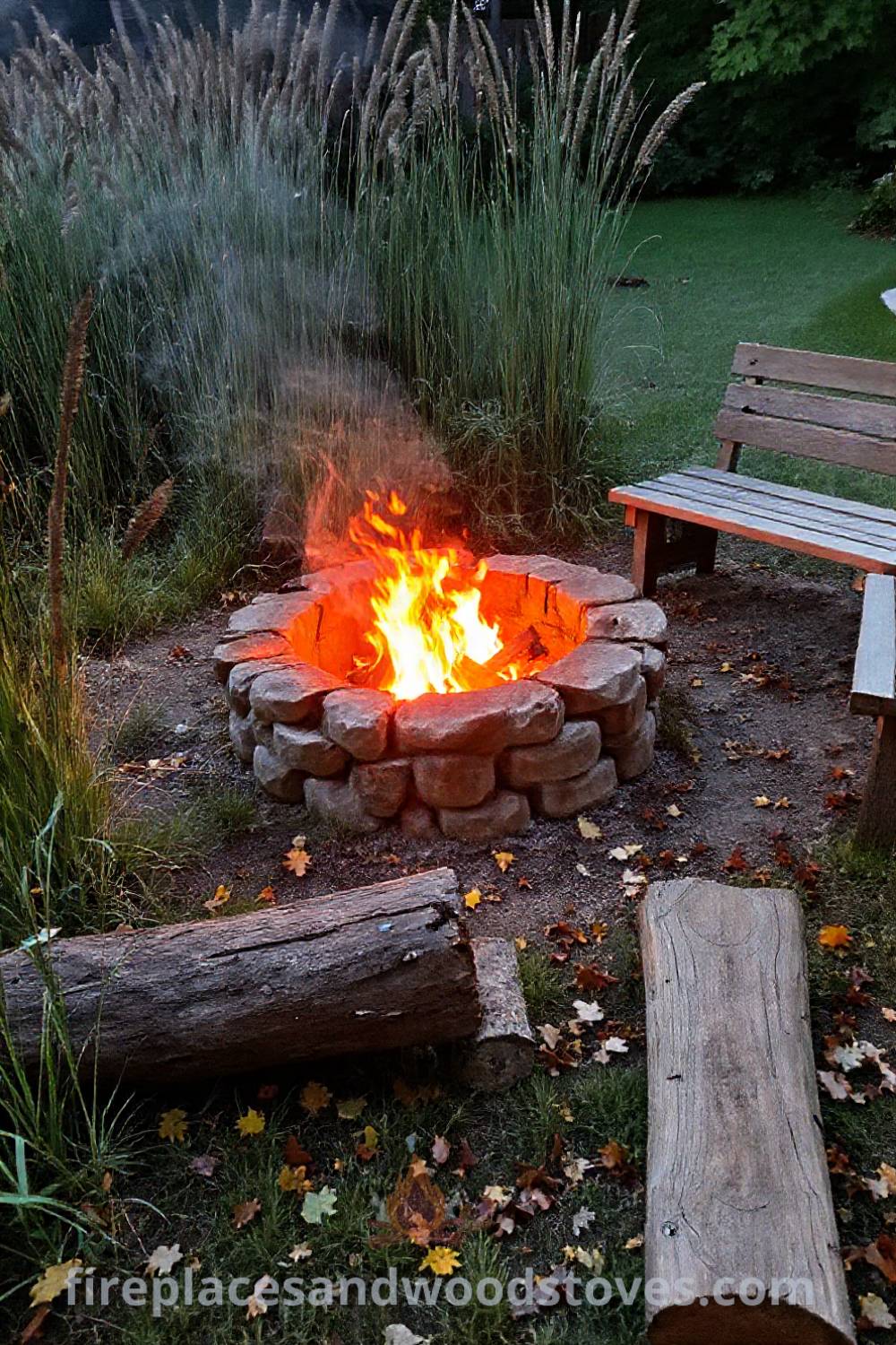 Stone fire pit surrounded by tall grasses in a serene backyard, featuring flickering flames, wooden benches, and scattered fallen leaves, creating a cozy and inviting atmosphere for gatherings. Visit patioandhomefurniture.com for stylish outdoor design inspiration.
