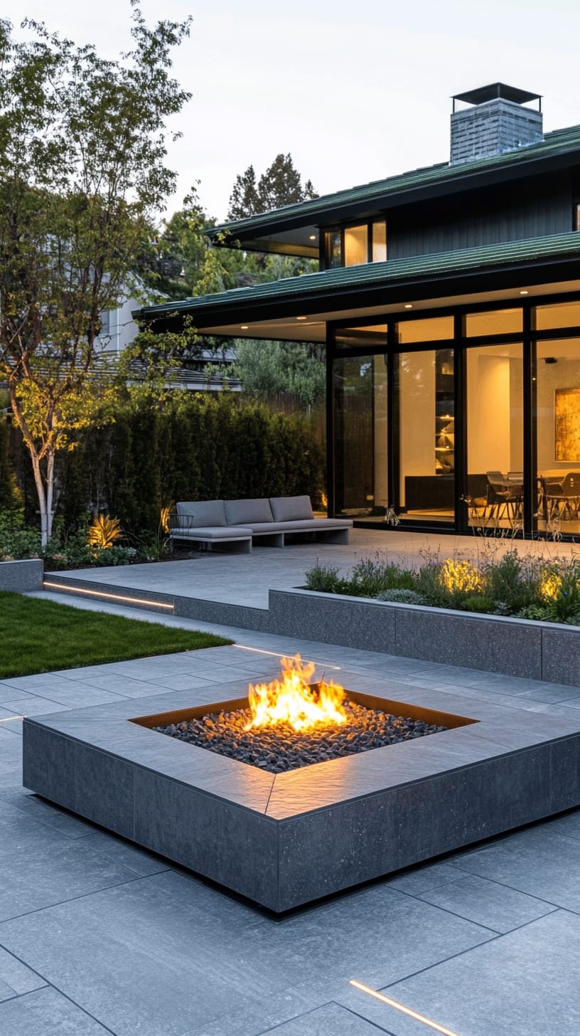 A modern outdoor fire pit surrounded by flat concrete slabs, inviting seating areas, and lush greenery, creating a cozy atmosphere in an evening setting.