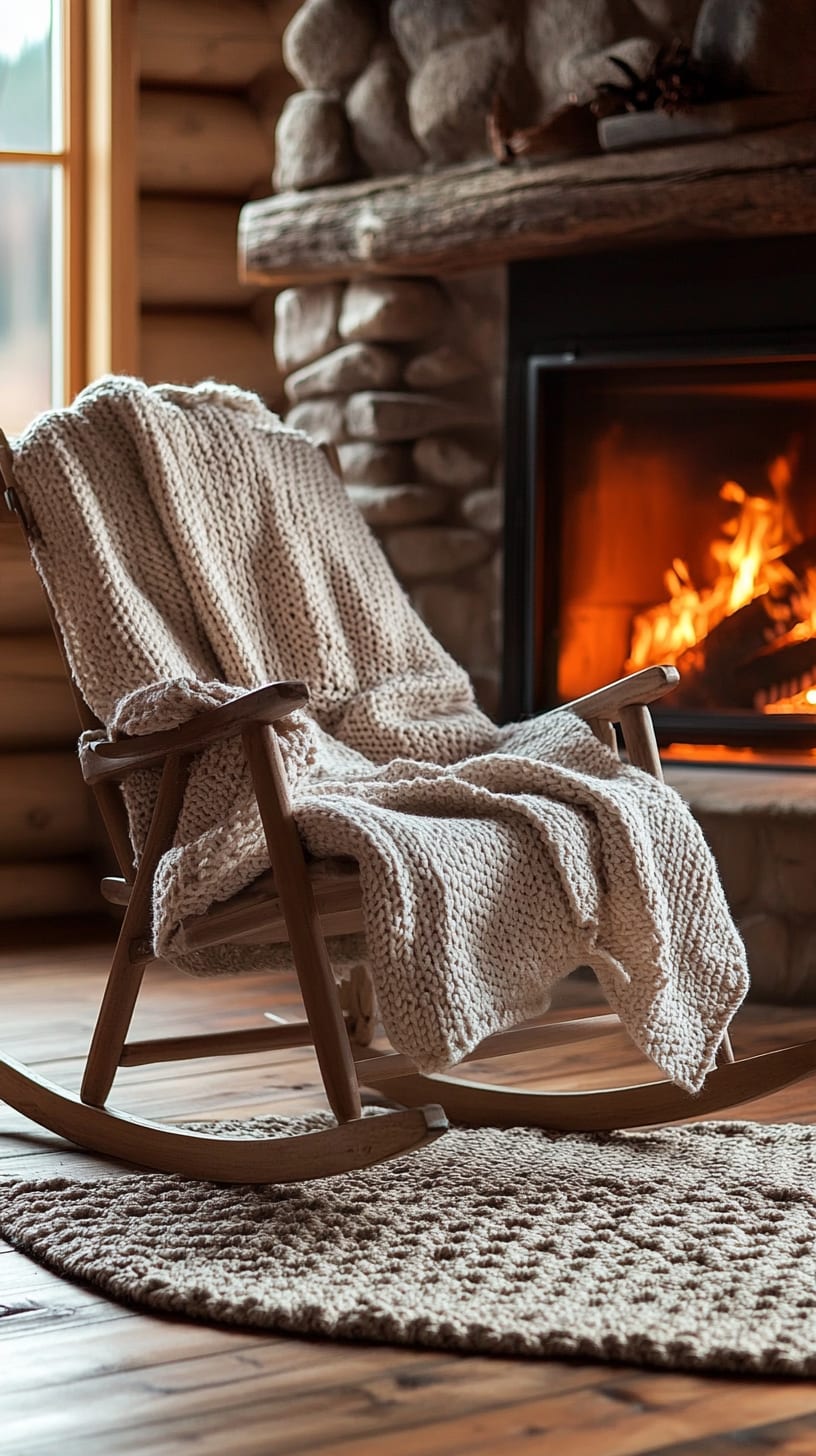 A rocking chair with a soft blanket in front of a fireplace, creating a cozy atmosphere in a rustic cabin interior.