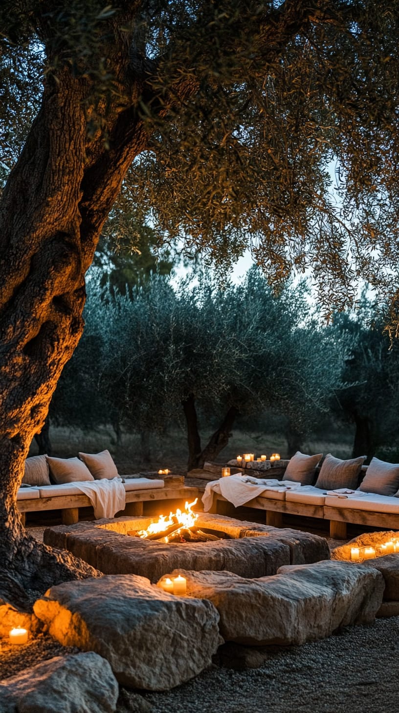 An inviting outdoor gathering space with rustic wooden seating, surrounded by olive trees, illuminated by candlelight and a fire pit.