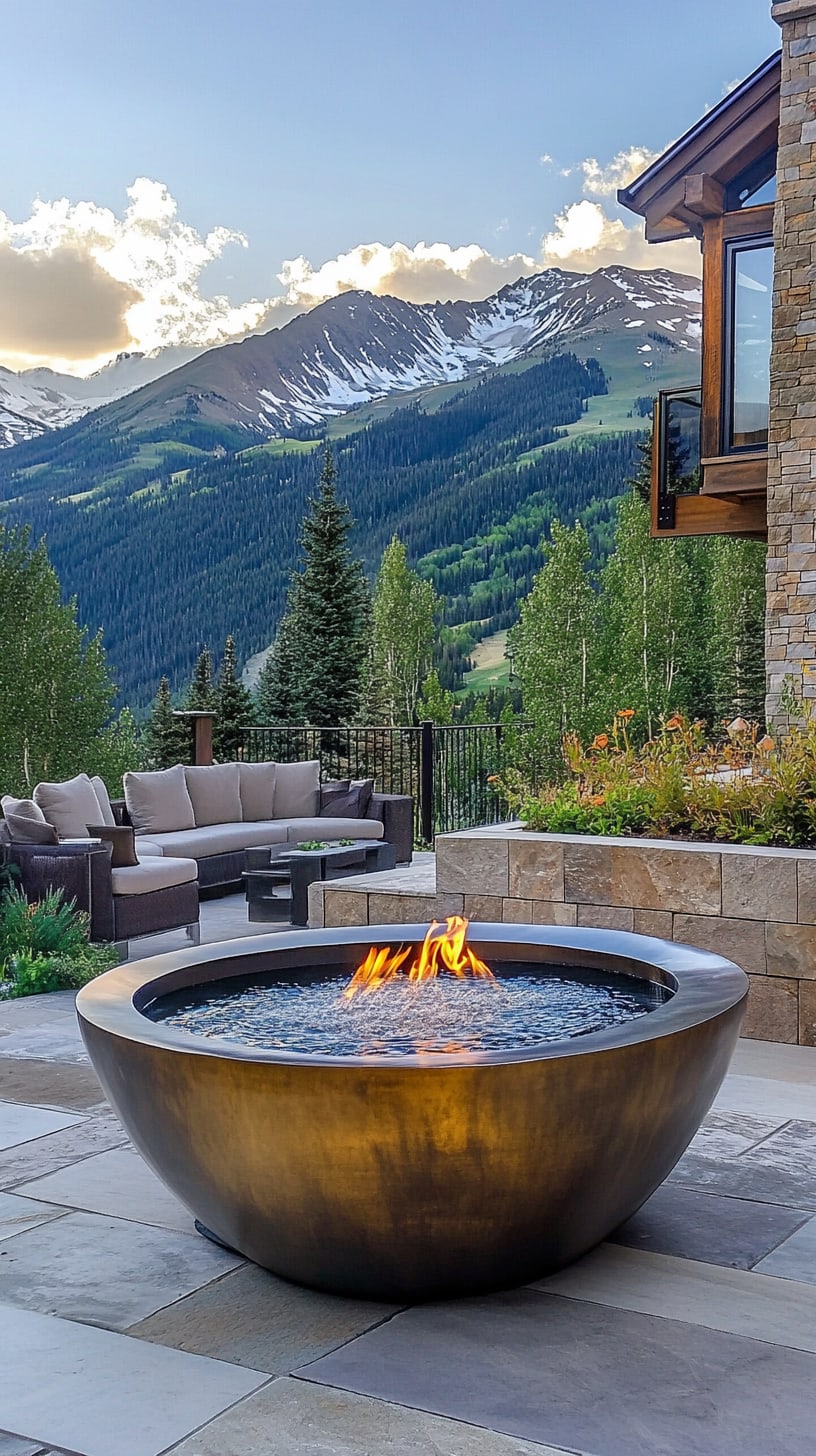 A luxurious brass fire bowl on a natural stone patio with green surroundings and snow-capped mountains in the background.