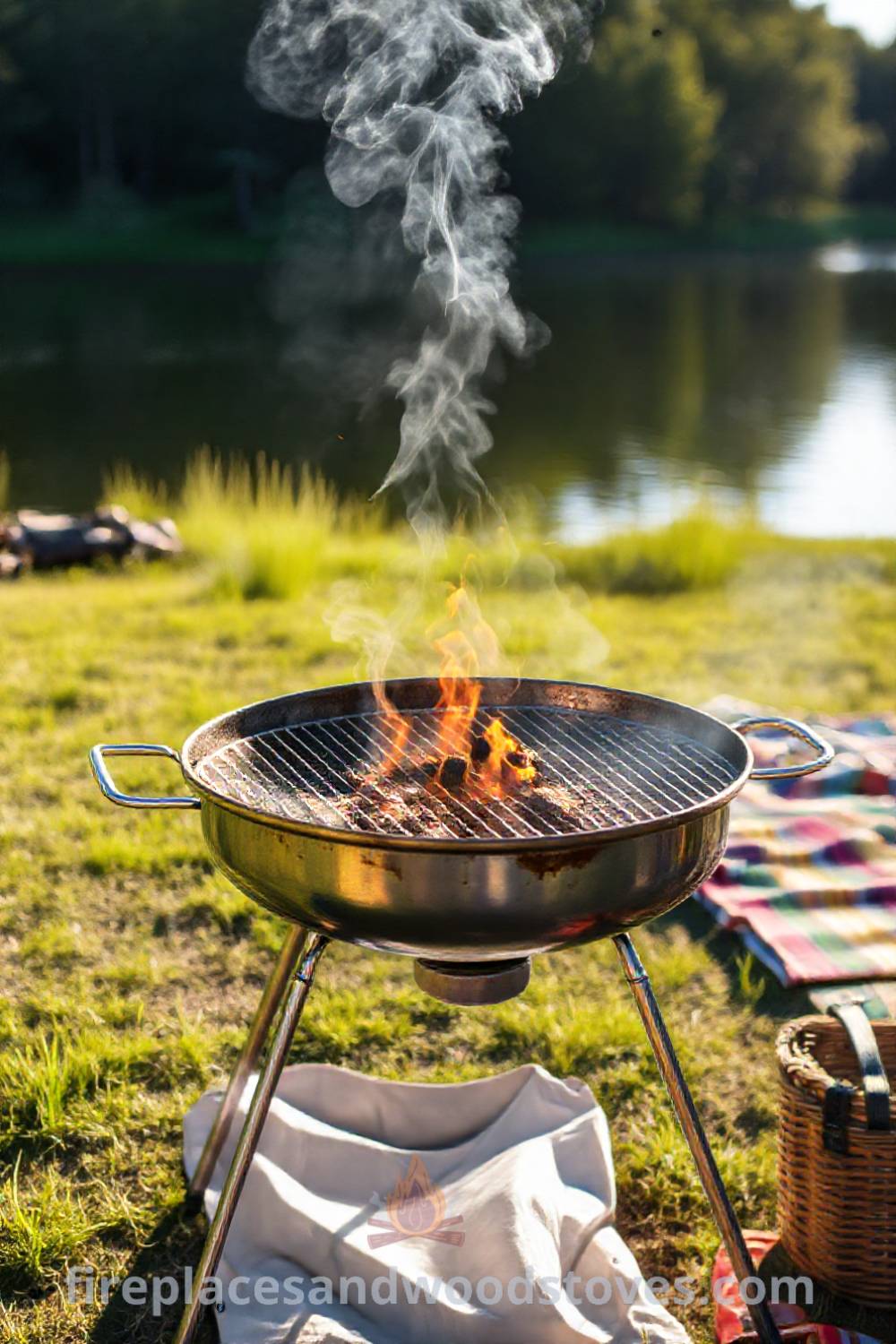 Outdoor barbecue setup by a tranquil lake featuring a gleaming metal grill, family gathering, laughter, and colorful picnic blankets, creating a cozy atmosphere in nature. Visit patioandhomefurniture.com for incredible ideas that will wow your guests.