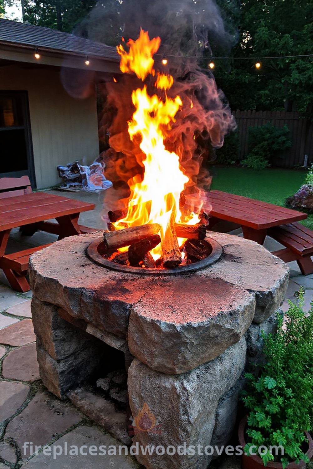 Rugged stone barbecue on a sun-drenched patio with friends gathered around a redwood picnic table, surrounded by potted herbs and flames creating a cozy atmosphere, perfect for entertaining and outdoor cooking. Visit patioandhomefurniture.com for incredible outdoor design inspiration.